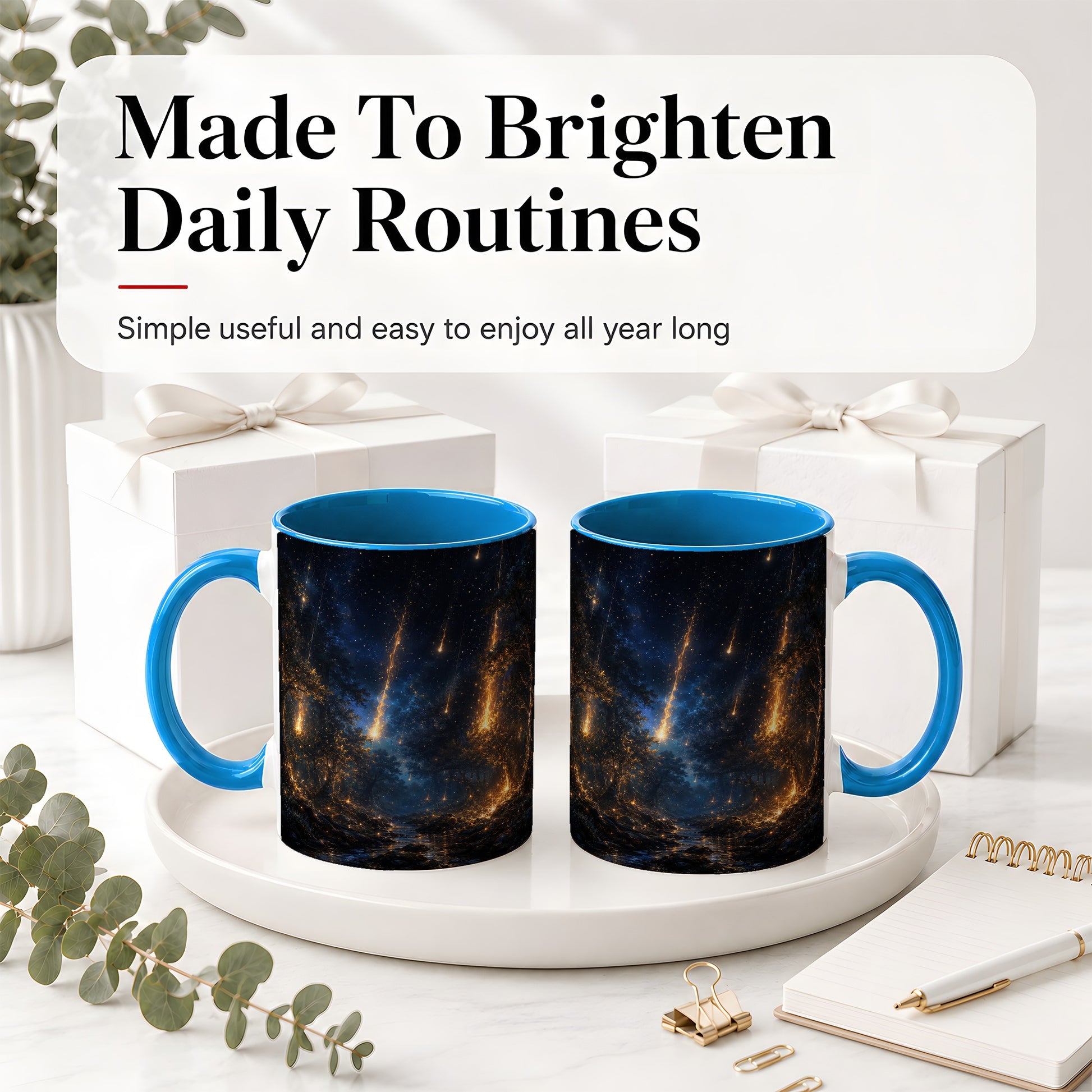 #pl[11oz|Blue] Meteor Shower Forest Ceramic Mug, Celestial Night Art