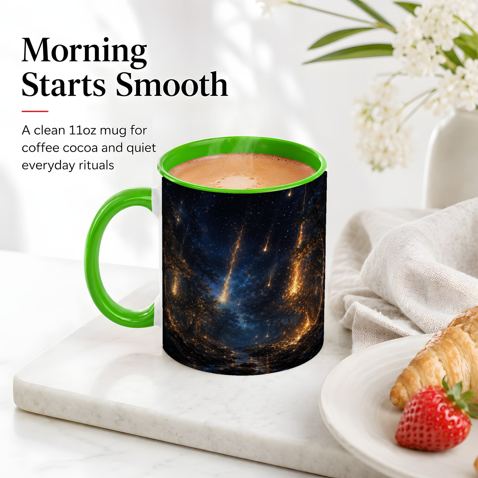 #pl[11oz|Green] Meteor Shower Forest Ceramic Mug, Celestial Night Art