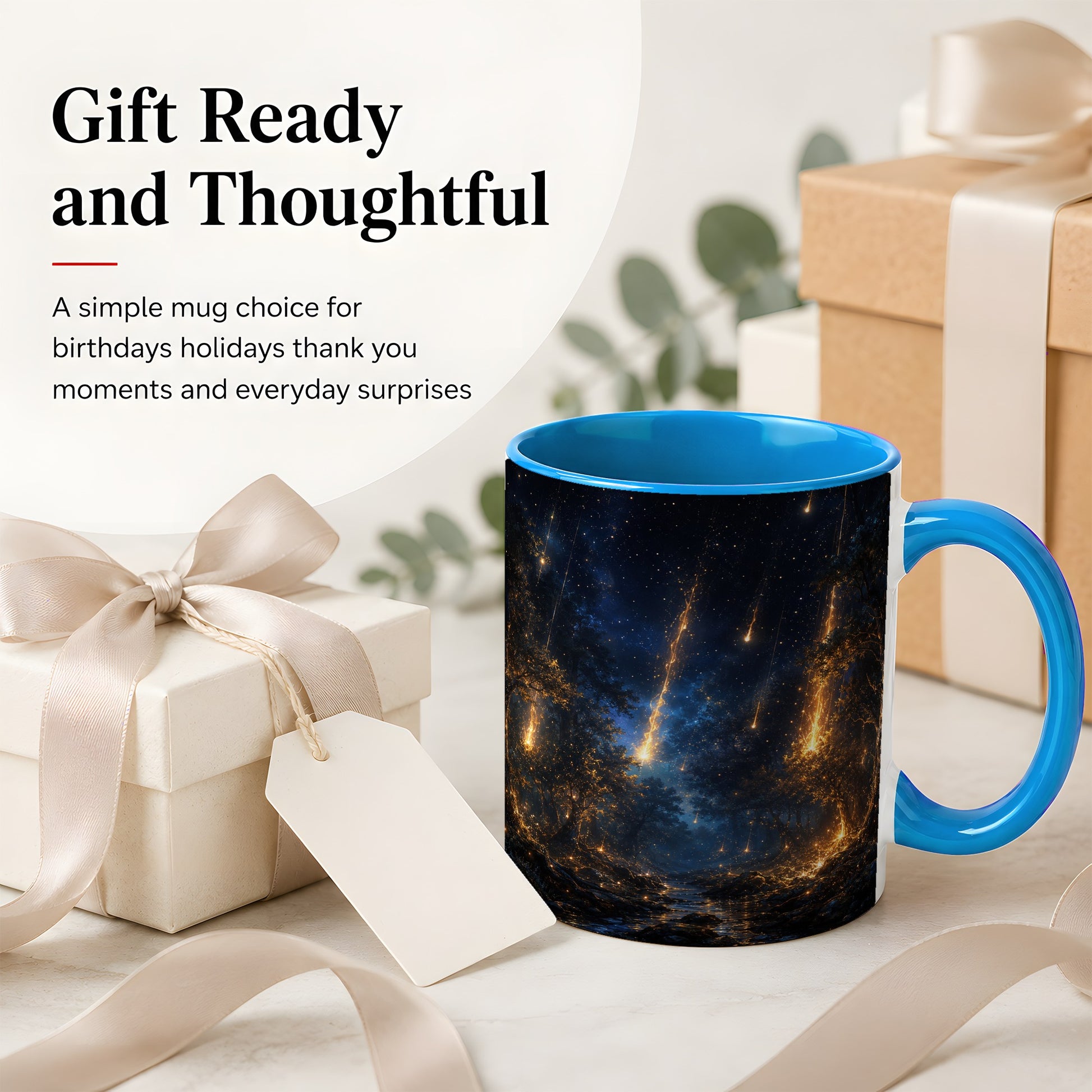 #pl[11oz|Blue] Meteor Shower Forest Ceramic Mug, Celestial Night Art