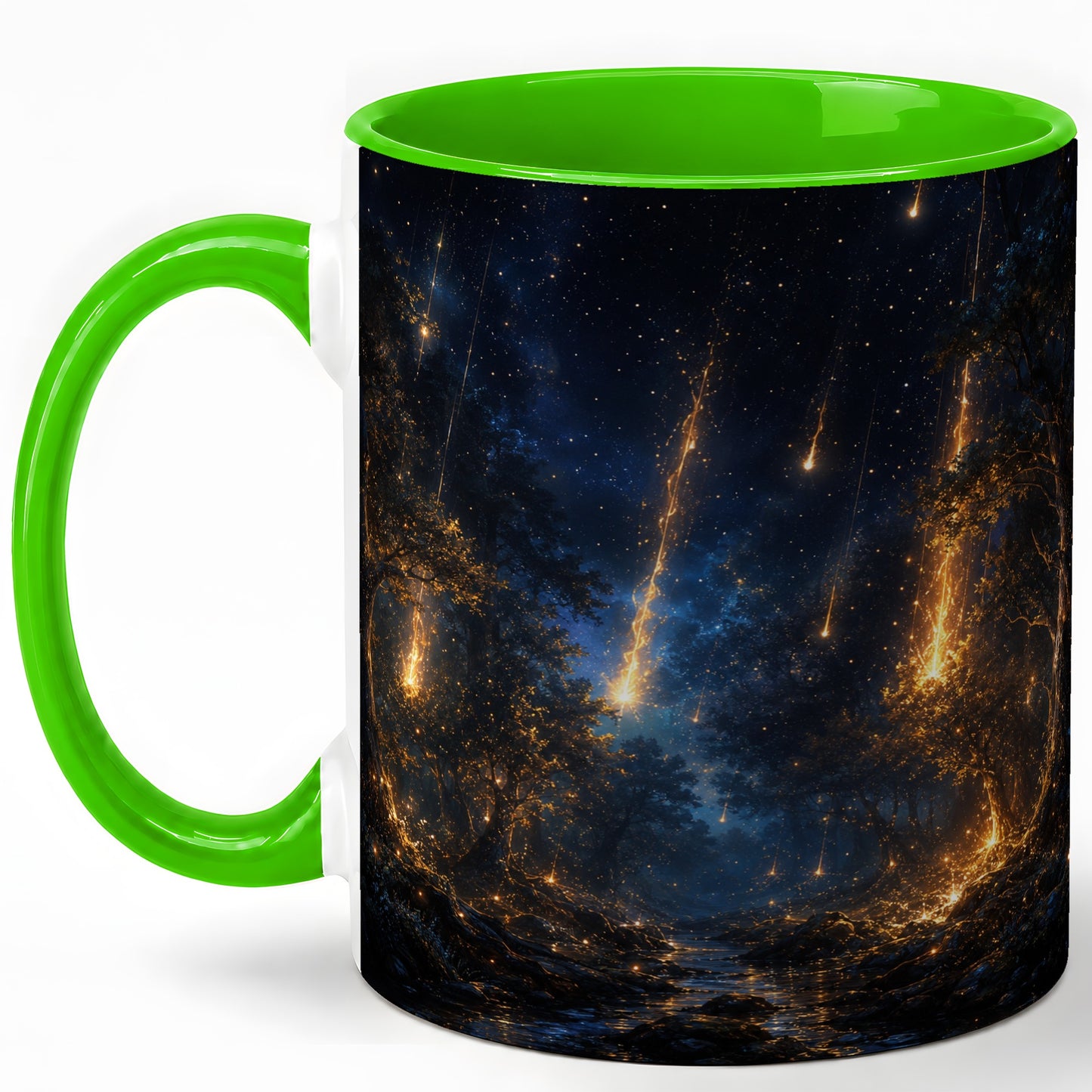 #pl[11oz|Green] Meteor Shower Forest Ceramic Mug, Celestial Night Art