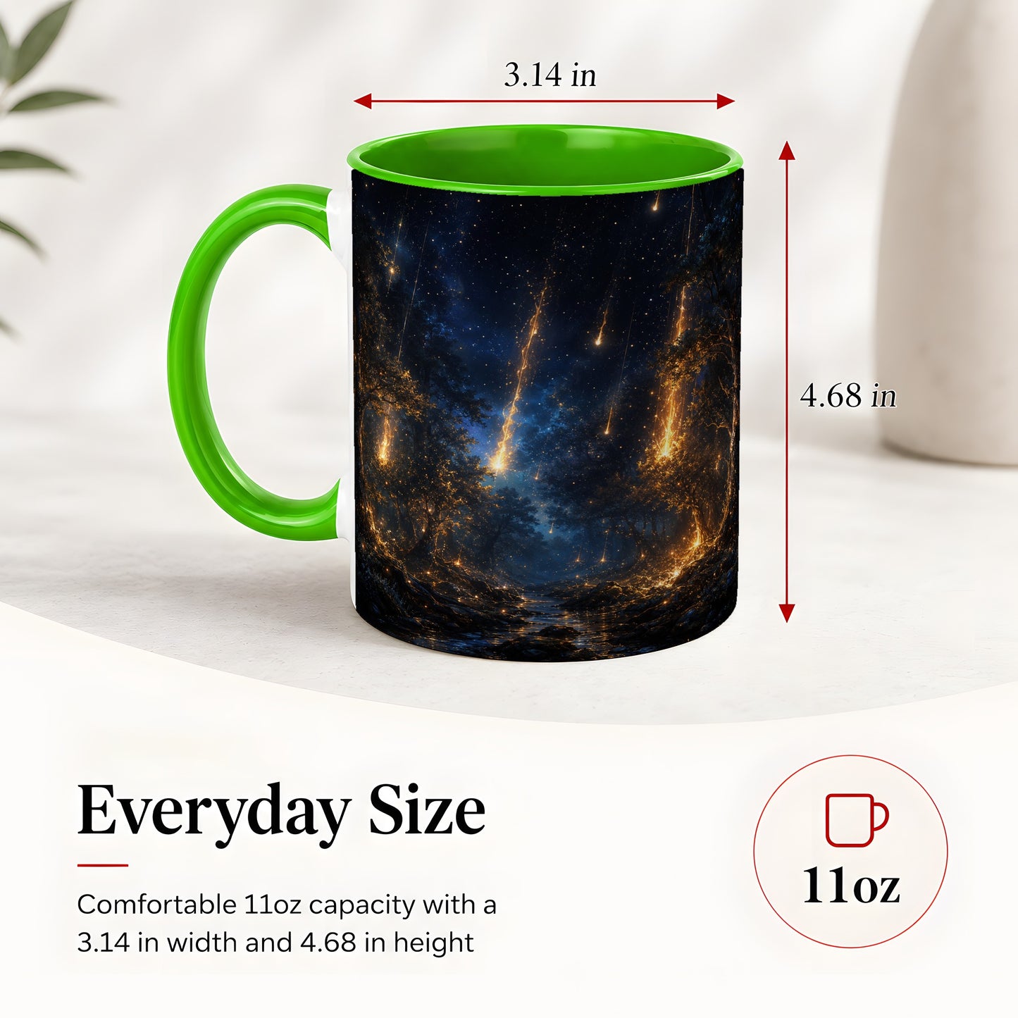 #pl[11oz|Green] Meteor Shower Forest Ceramic Mug, Celestial Night Art