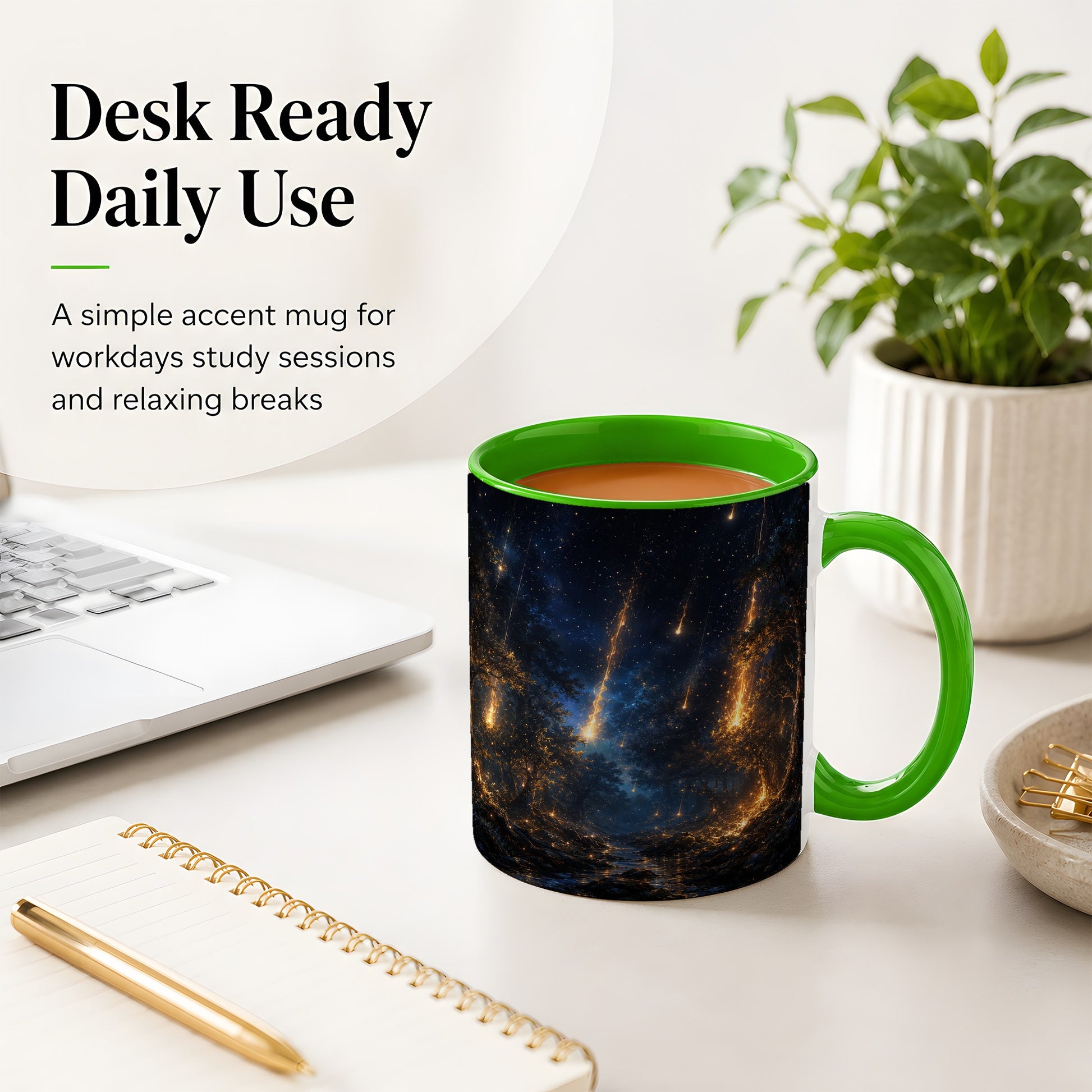 #pl[11oz|Green] Meteor Shower Forest Ceramic Mug, Celestial Night Art