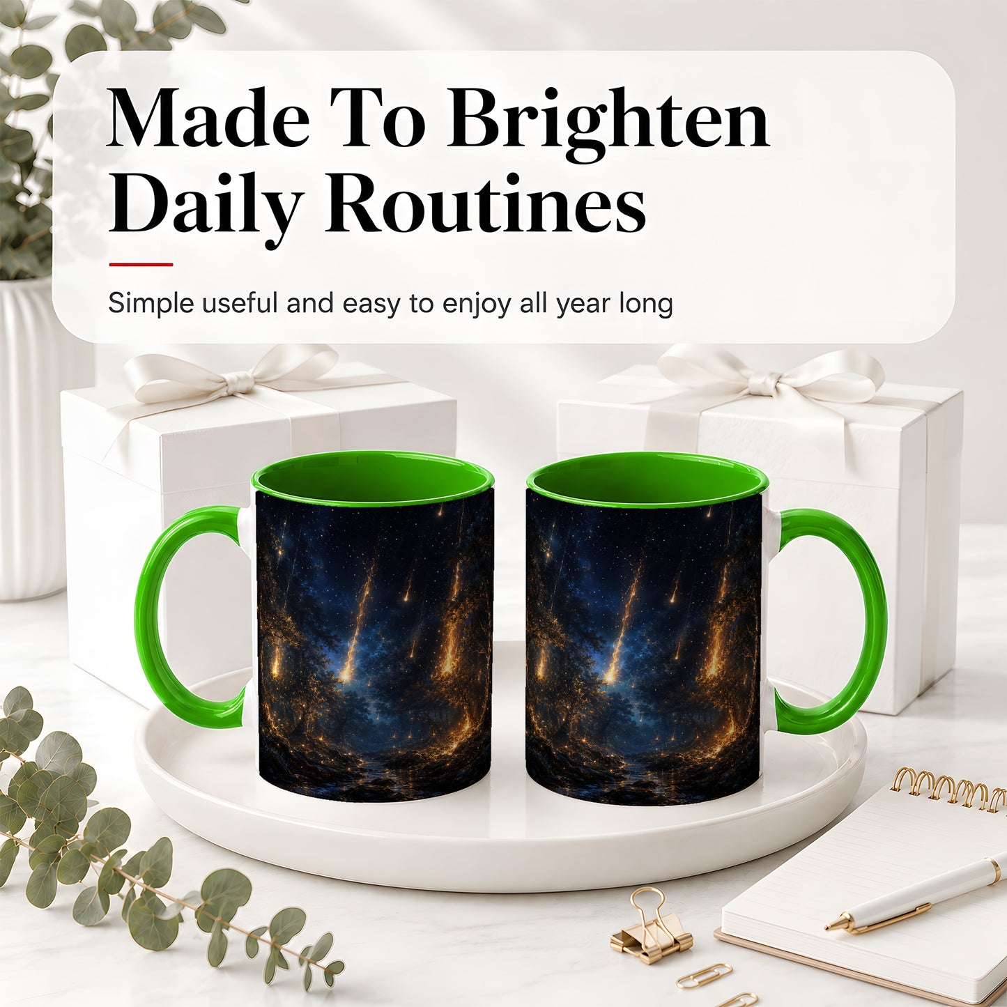 #pl[11oz|Green] Meteor Shower Forest Ceramic Mug, Celestial Night Art