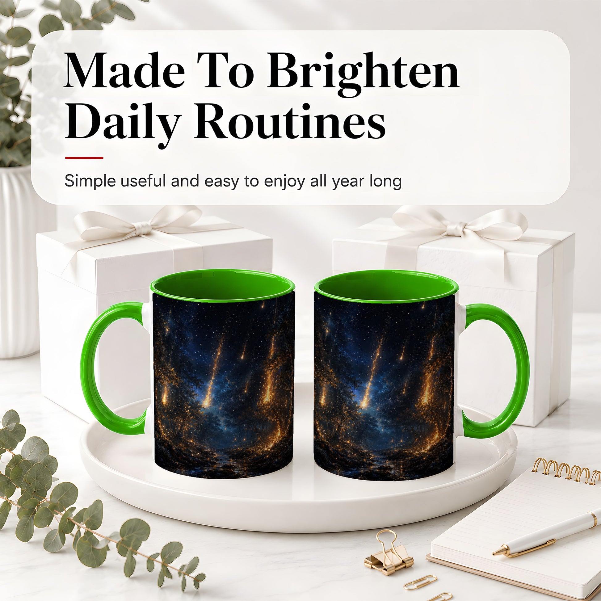 #pl[11oz|Green] Meteor Shower Forest Ceramic Mug, Celestial Night Art