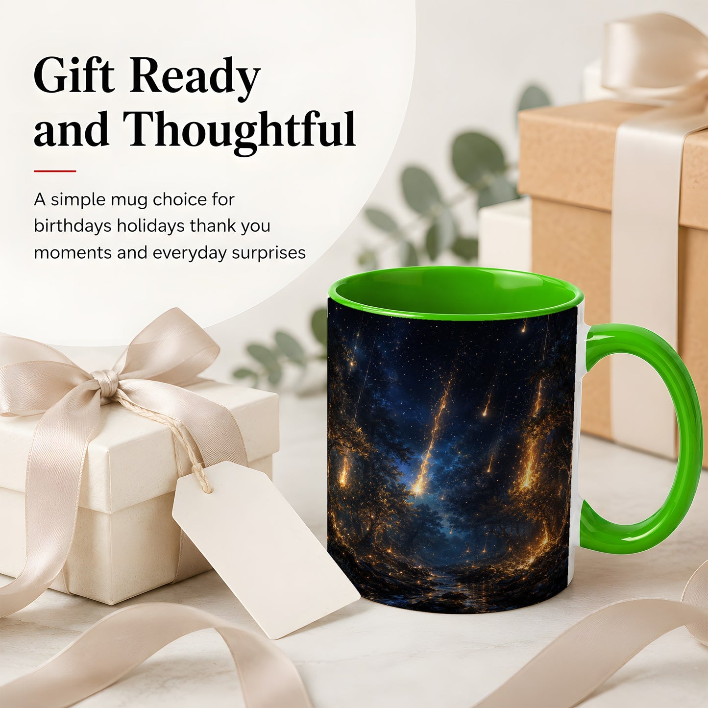 #pl[11oz|Green] Meteor Shower Forest Ceramic Mug, Celestial Night Art