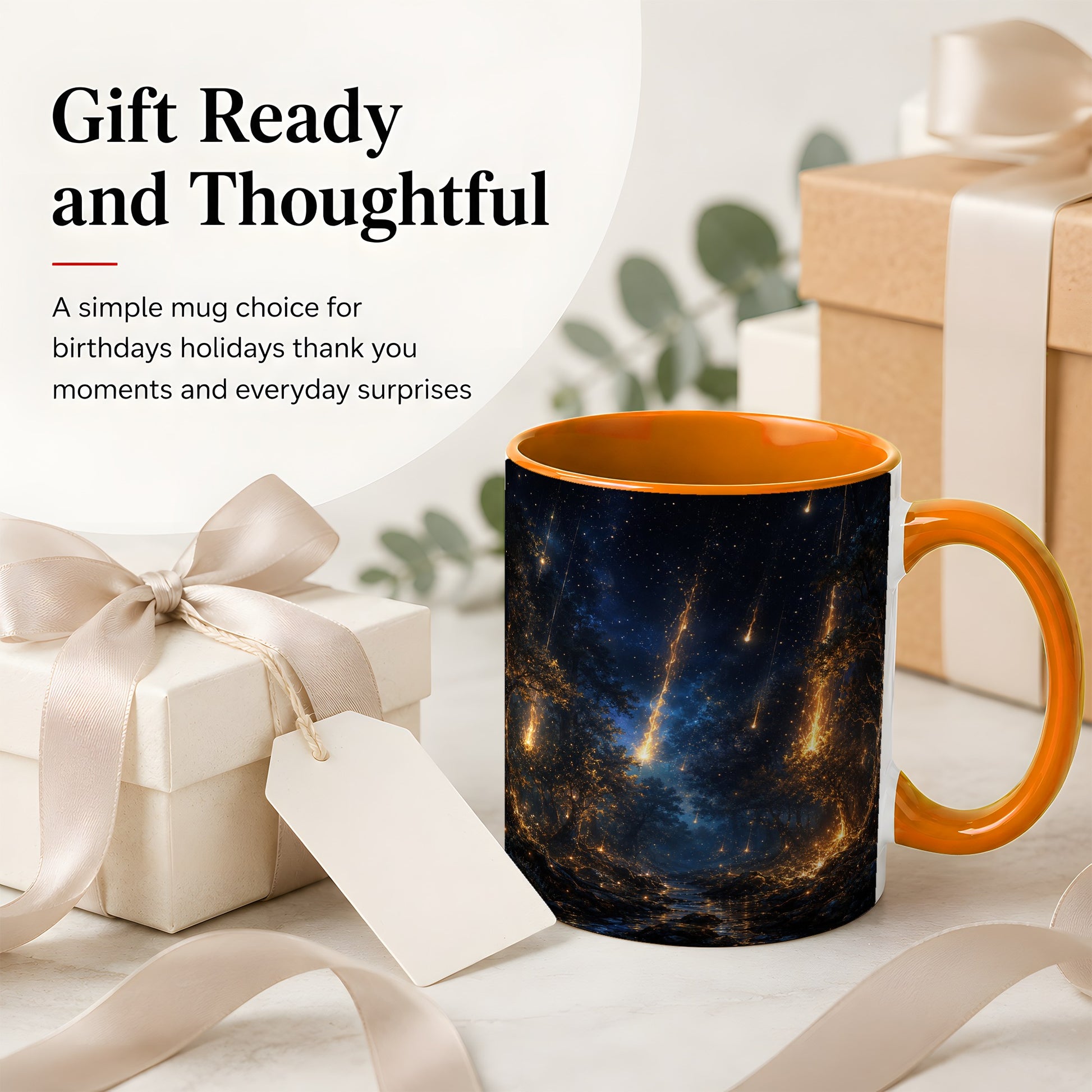 #pl[11oz|Orange] Meteor Shower Forest Ceramic Mug, Celestial Night Art