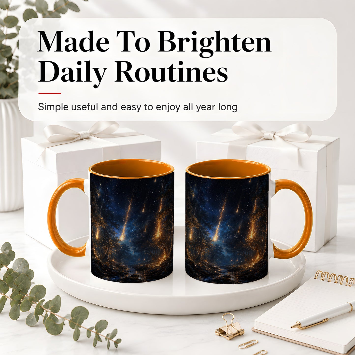 #pl[11oz|Orange] Meteor Shower Forest Ceramic Mug, Celestial Night Art