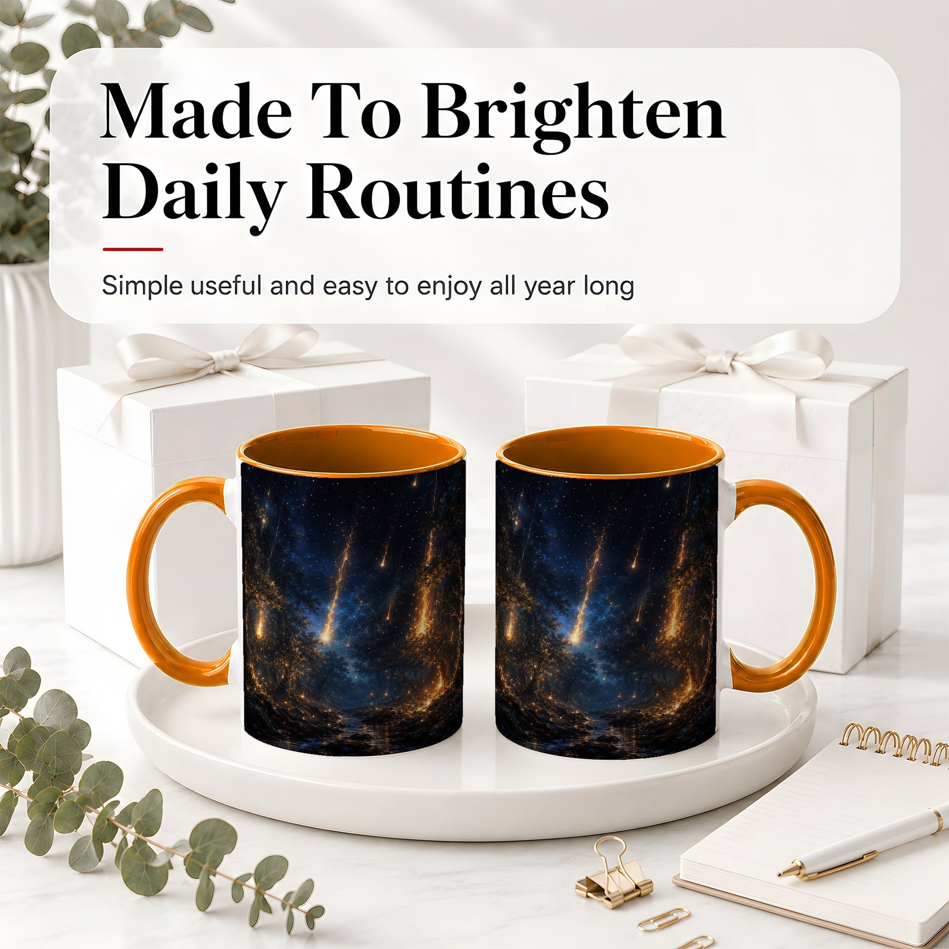 #pl[11oz|Orange] Meteor Shower Forest Ceramic Mug, Celestial Night Art