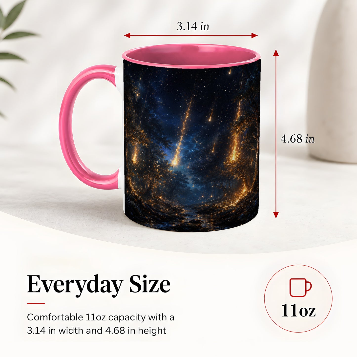 #pl[11oz|Pink] Meteor Shower Forest Ceramic Mug, Celestial Night Art