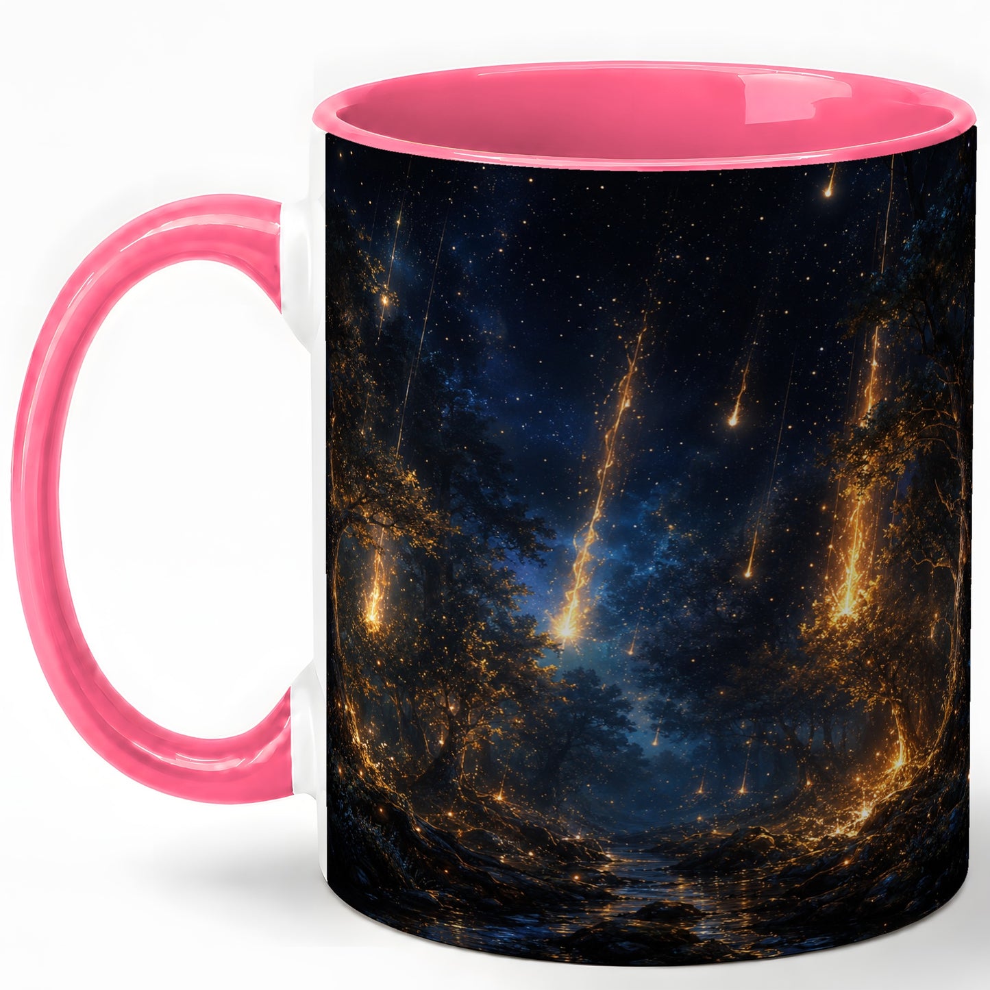 #pl[11oz|Pink] Meteor Shower Forest Ceramic Mug, Celestial Night Art
