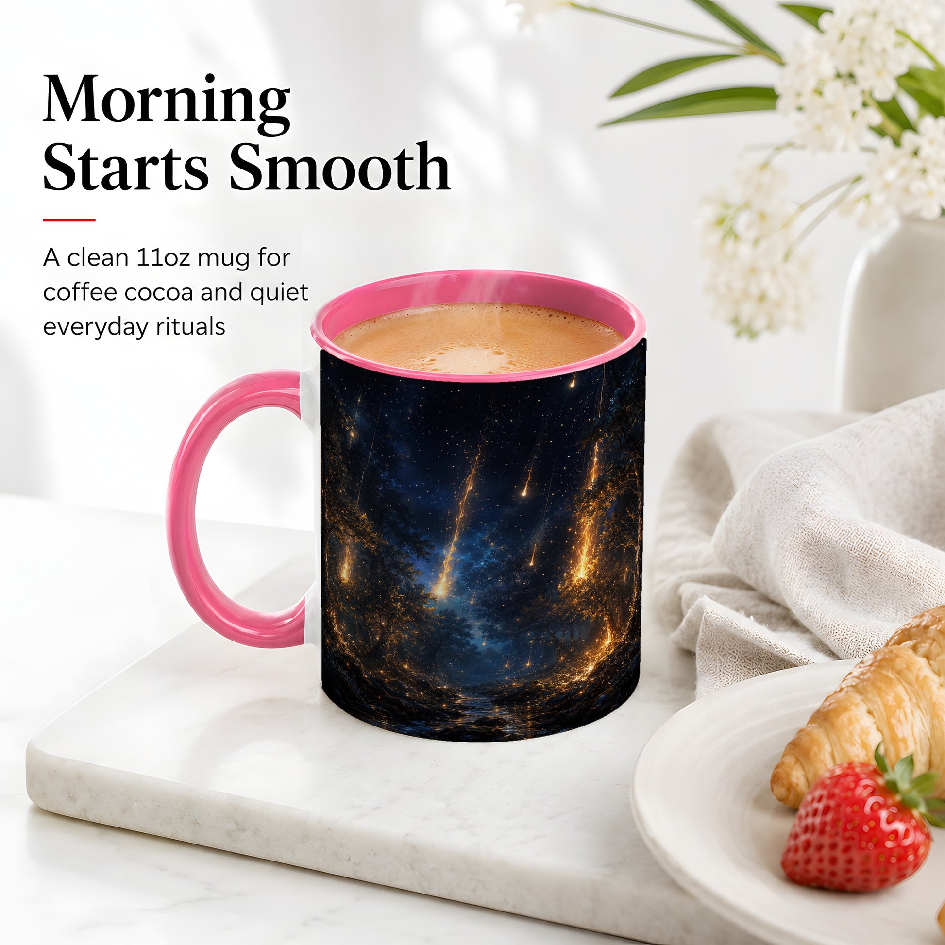 #pl[11oz|Pink] Meteor Shower Forest Ceramic Mug, Celestial Night Art