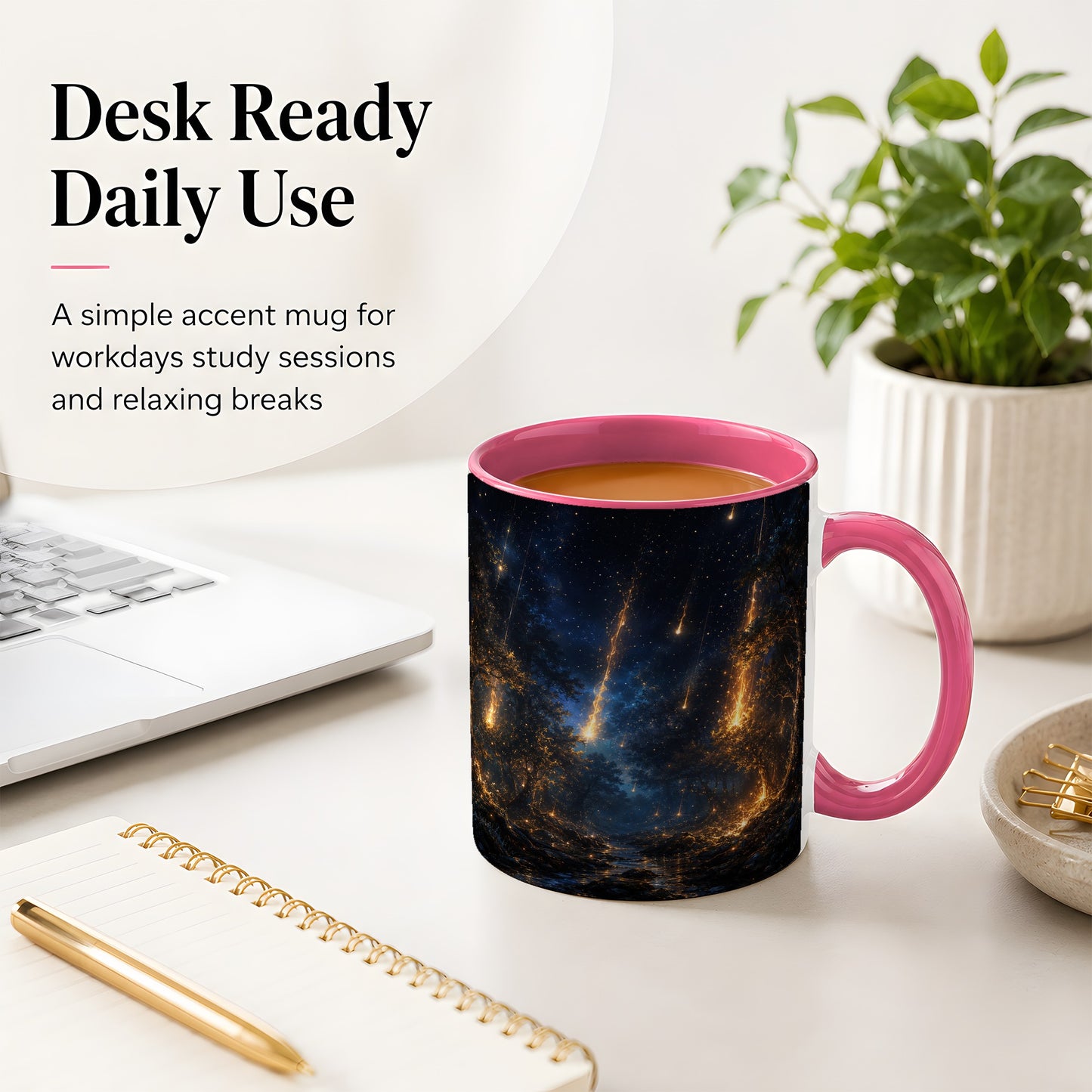 #pl[11oz|Pink] Meteor Shower Forest Ceramic Mug, Celestial Night Art