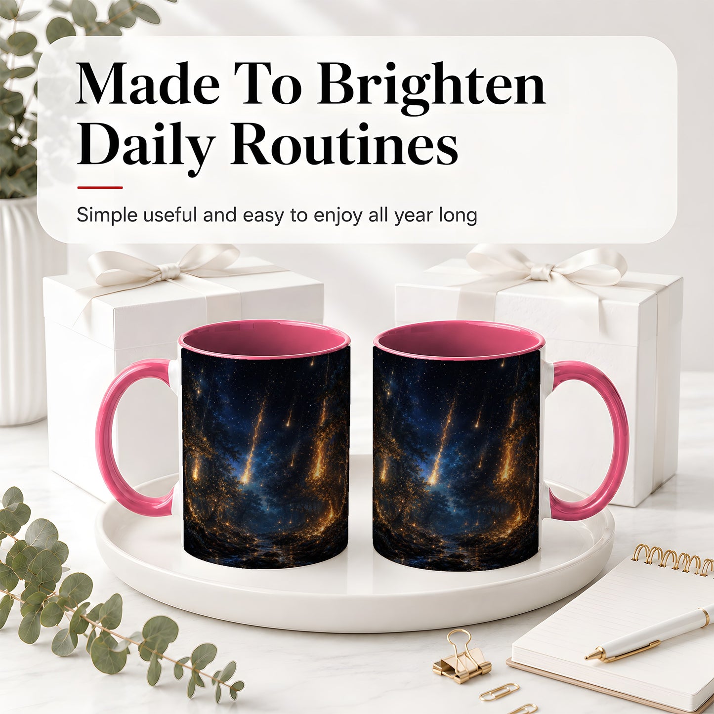 #pl[11oz|Pink] Meteor Shower Forest Ceramic Mug, Celestial Night Art