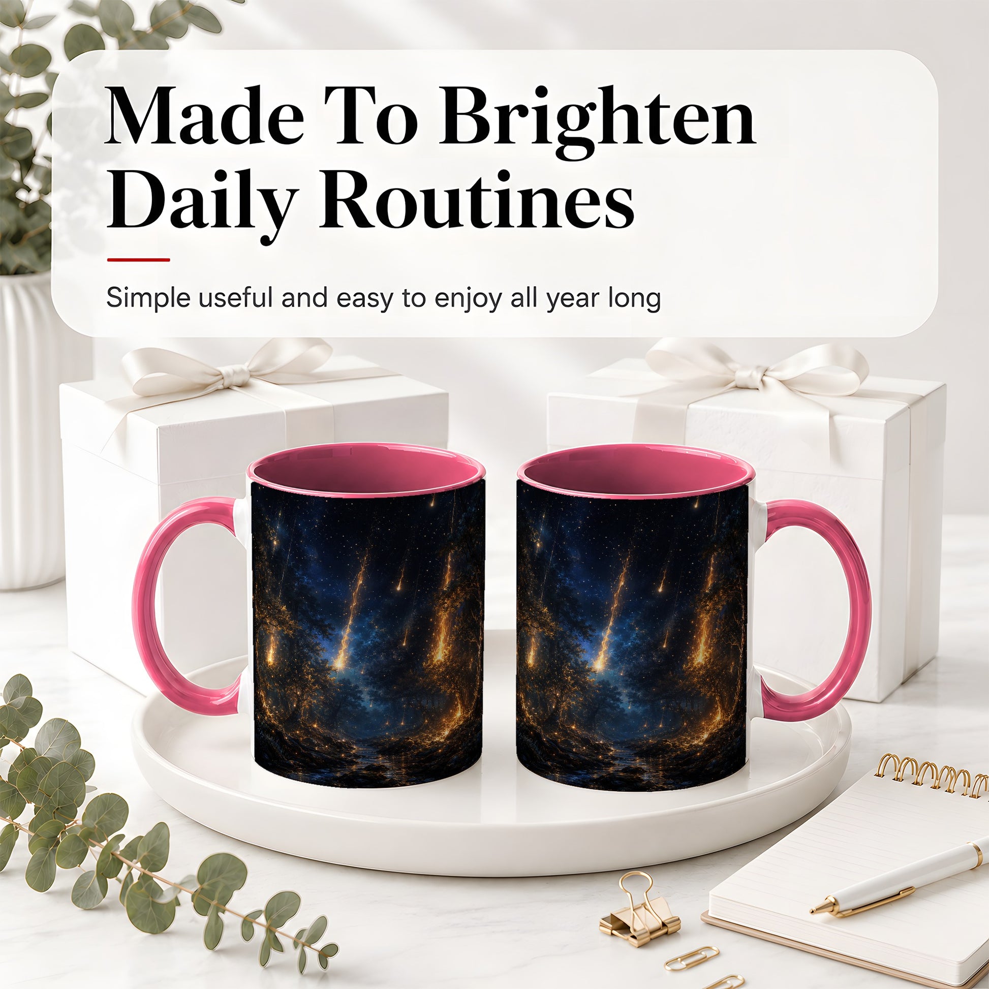 #pl[11oz|Pink] Meteor Shower Forest Ceramic Mug, Celestial Night Art