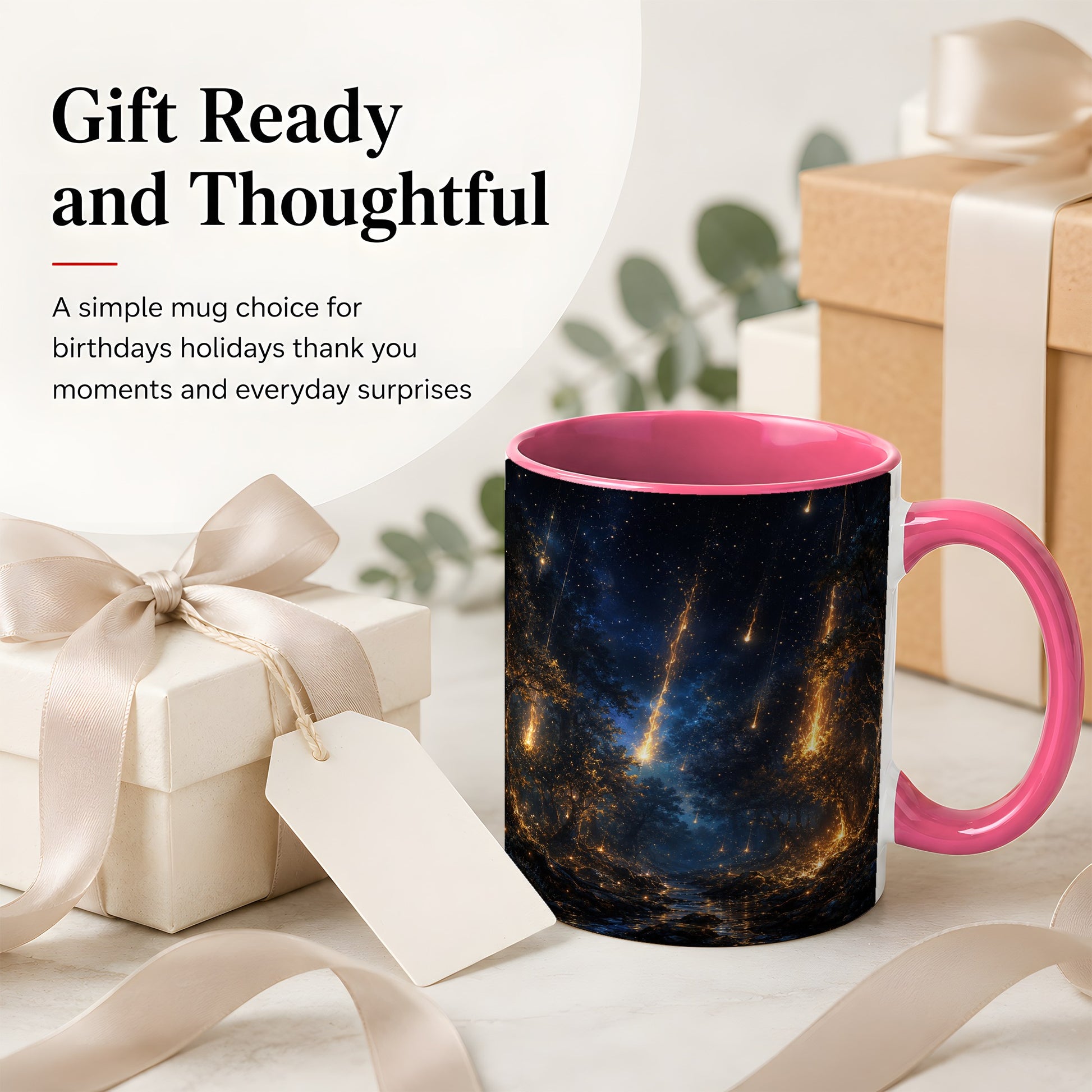 #pl[11oz|Pink] Meteor Shower Forest Ceramic Mug, Celestial Night Art