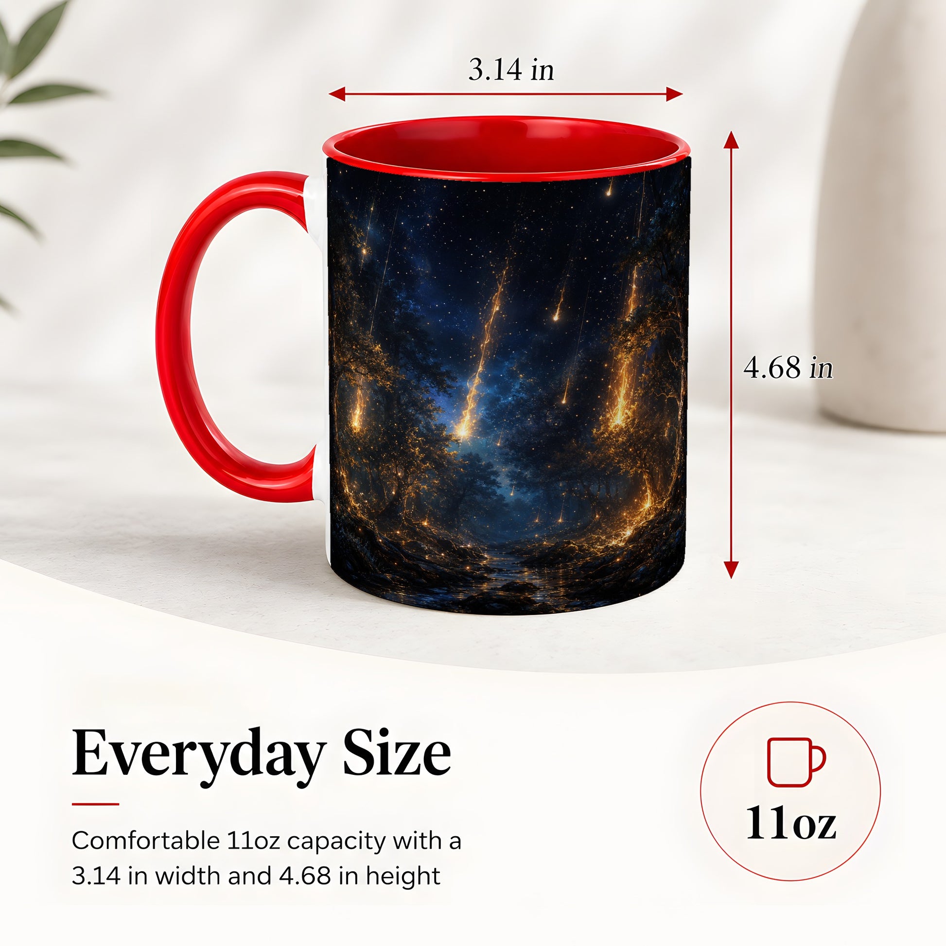 #pl[11oz|Red] Meteor Shower Forest Ceramic Mug, Celestial Night Art