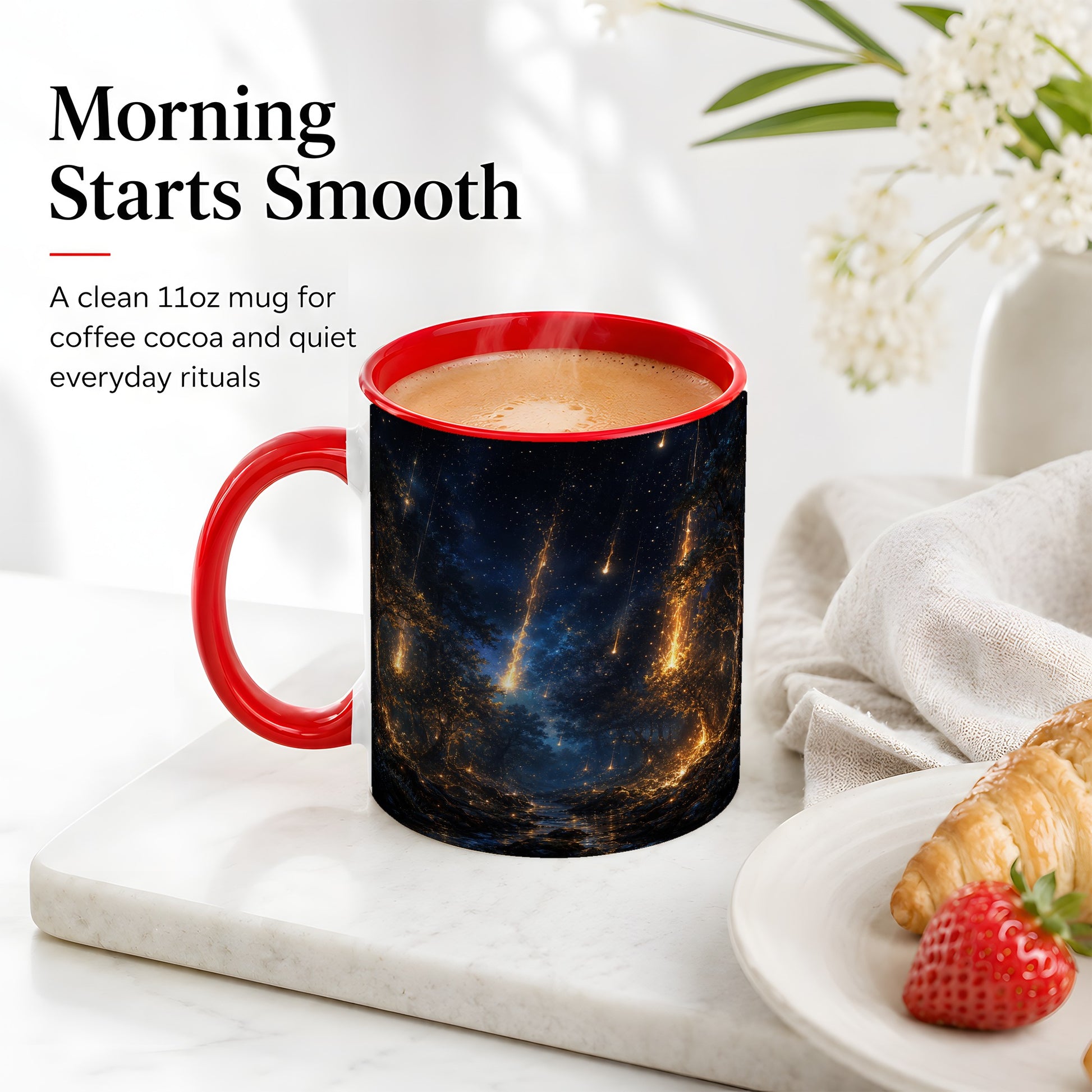 #pl[11oz|Red] Meteor Shower Forest Ceramic Mug, Celestial Night Art