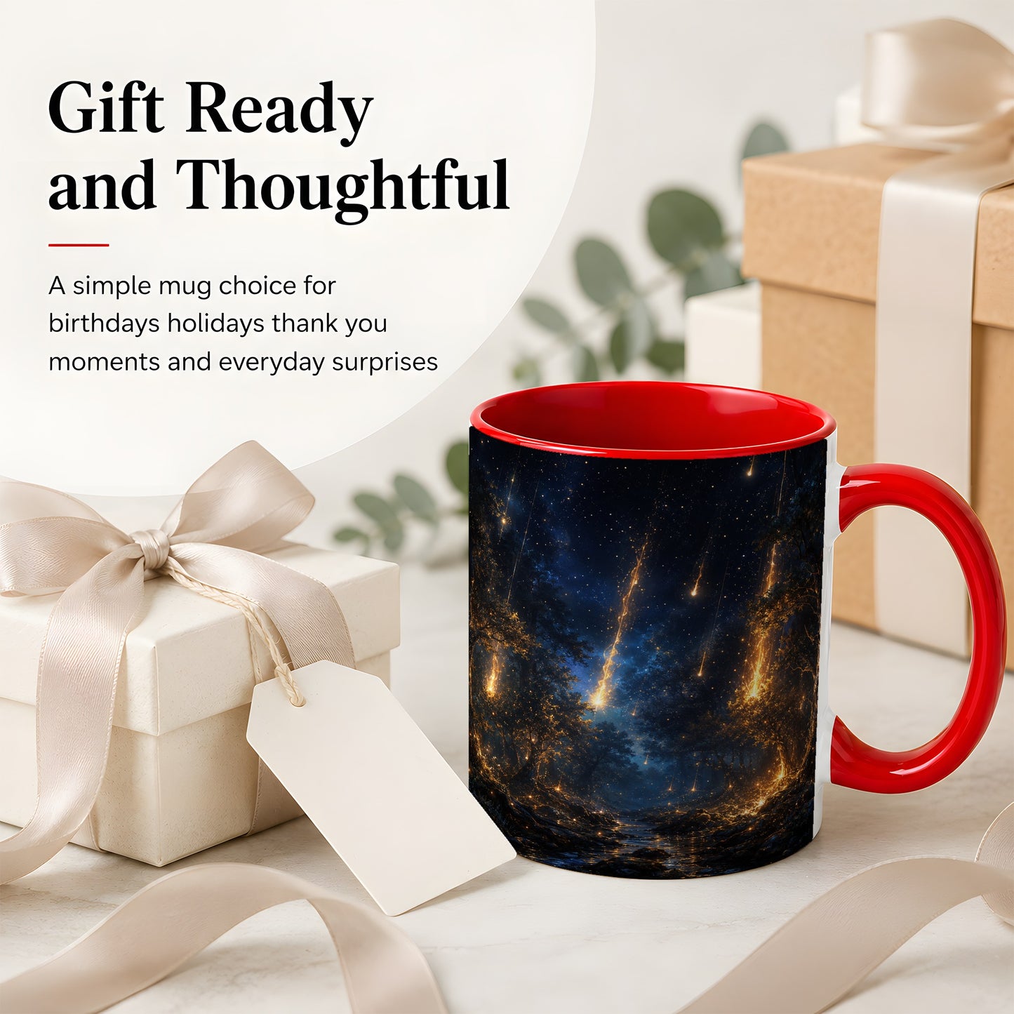 #pl[11oz|Red] Meteor Shower Forest Ceramic Mug, Celestial Night Art