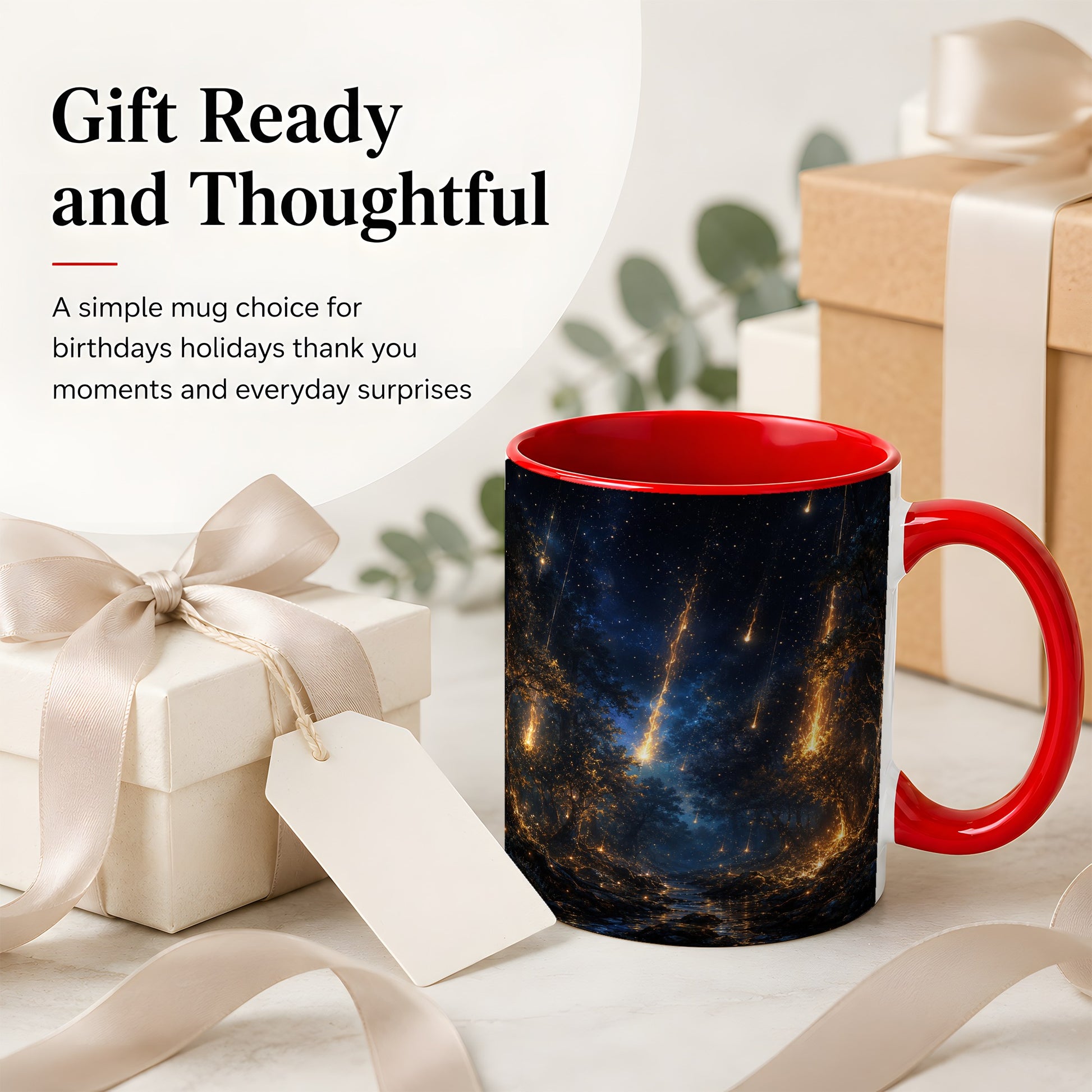 #pl[11oz|Red] Meteor Shower Forest Ceramic Mug, Celestial Night Art