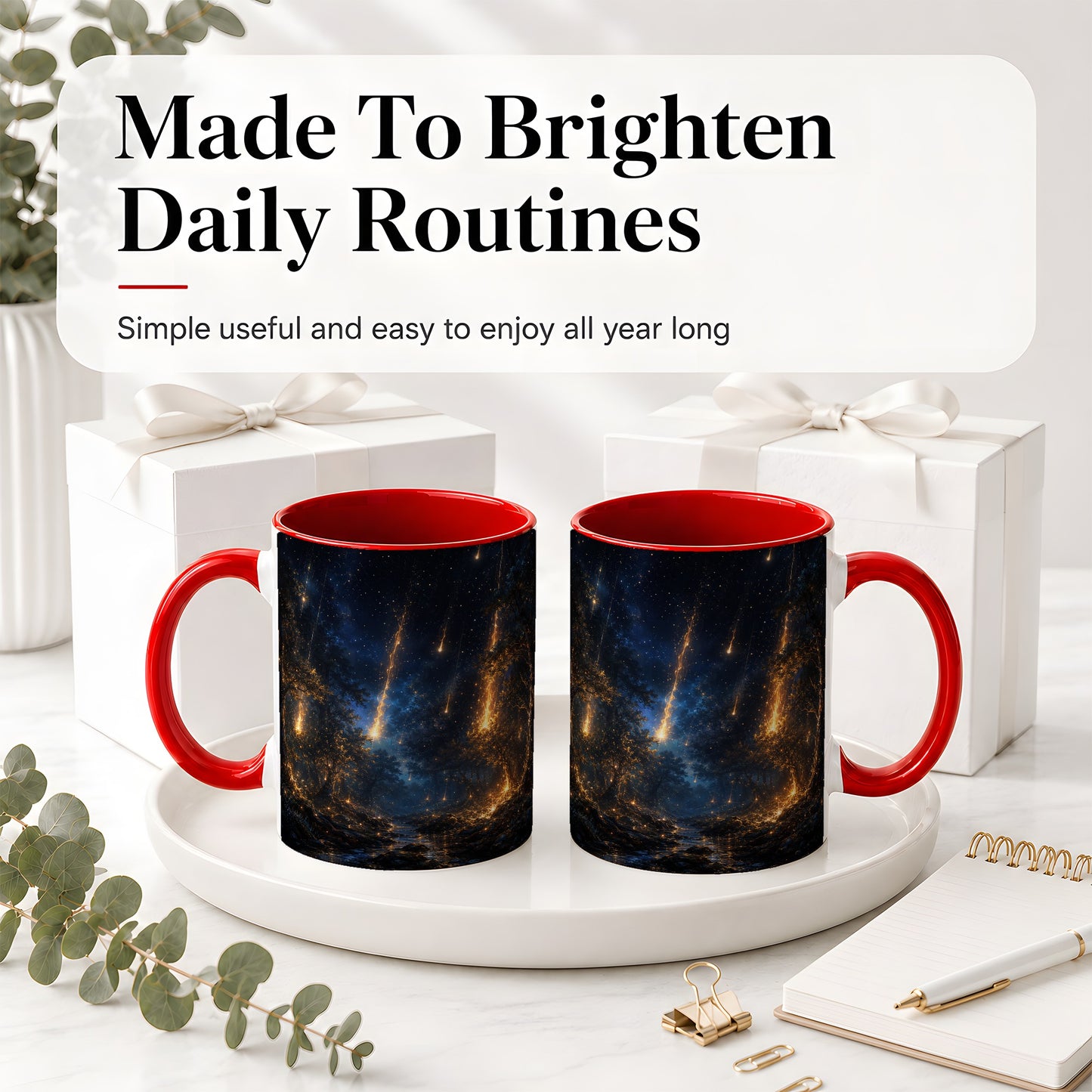 #pl[11oz|Red] Meteor Shower Forest Ceramic Mug, Celestial Night Art