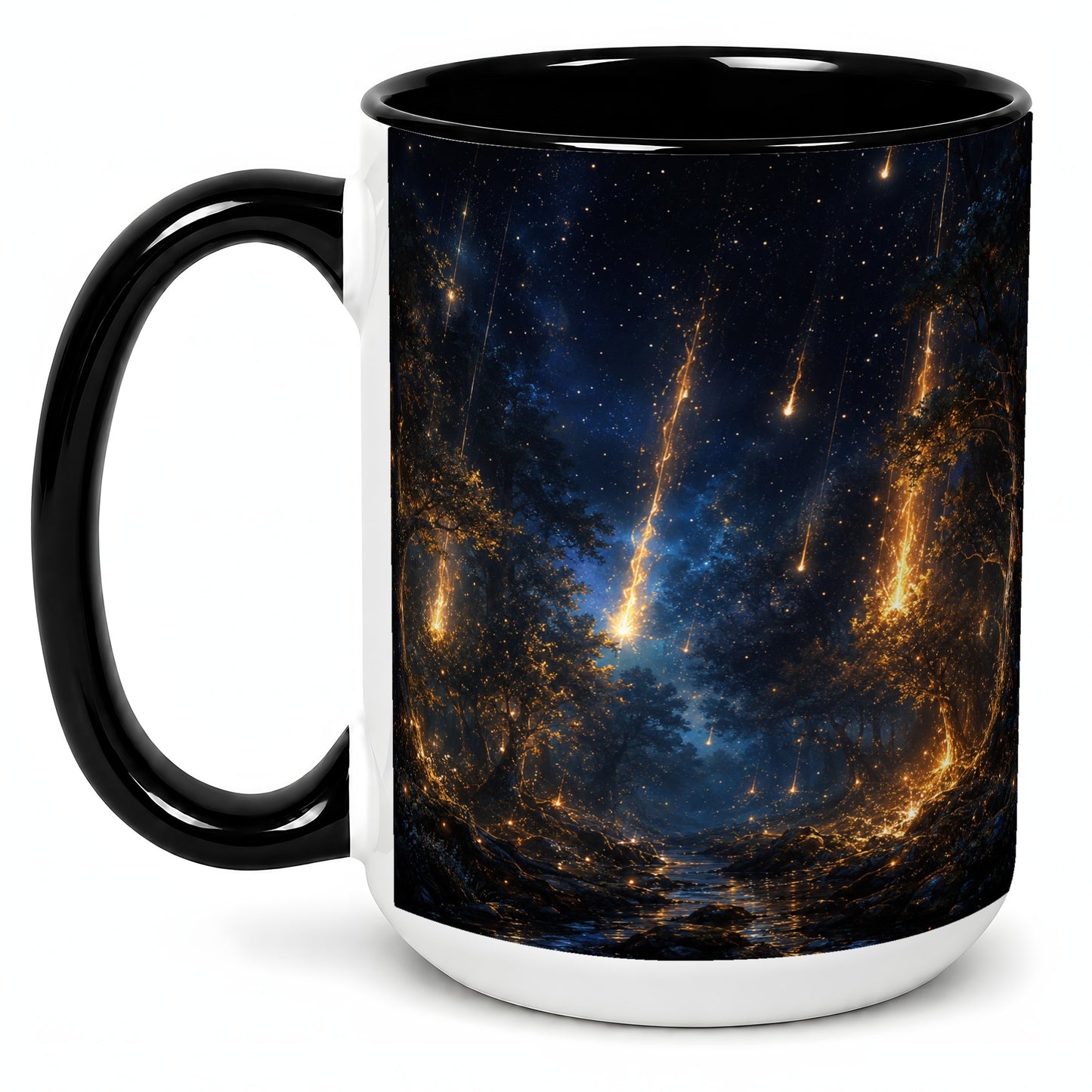 #pl[15oz|Black] Meteor Shower Forest Ceramic Mug, Celestial Night Art