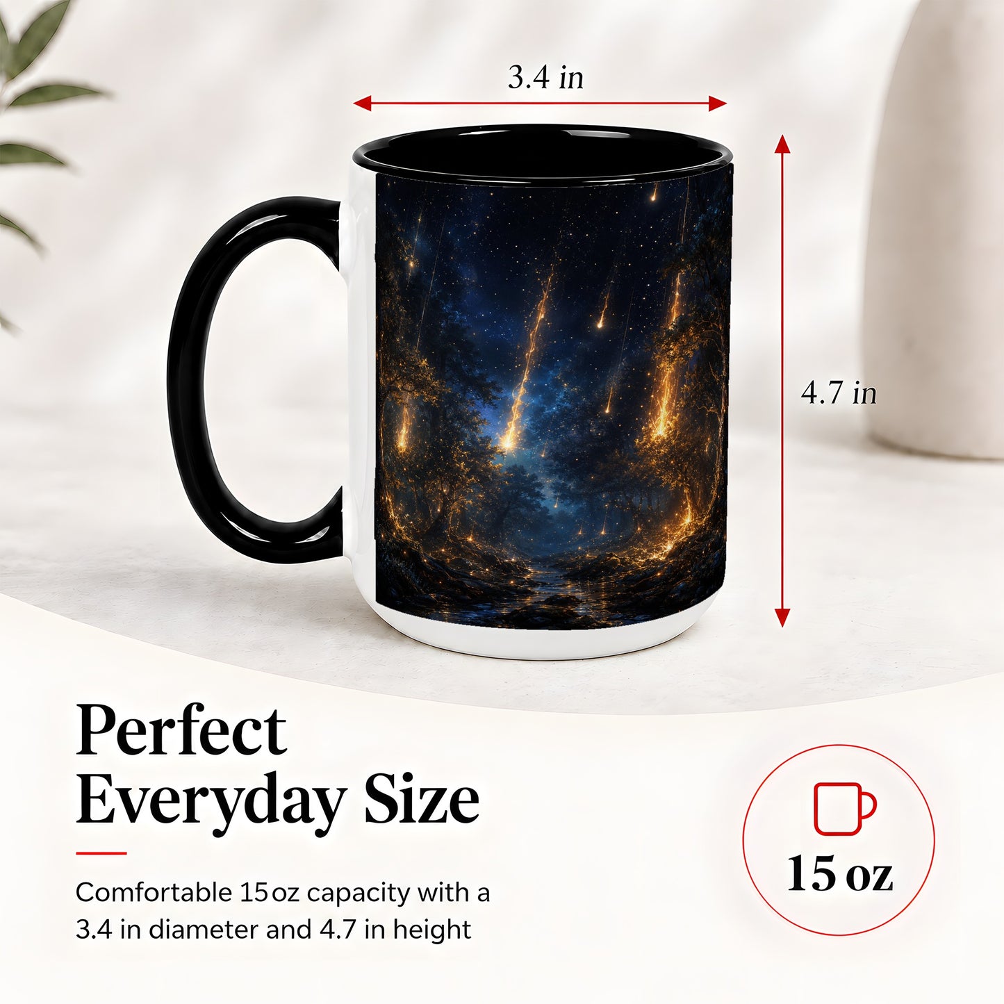 #pl[15oz|Black] Meteor Shower Forest Ceramic Mug, Celestial Night Art