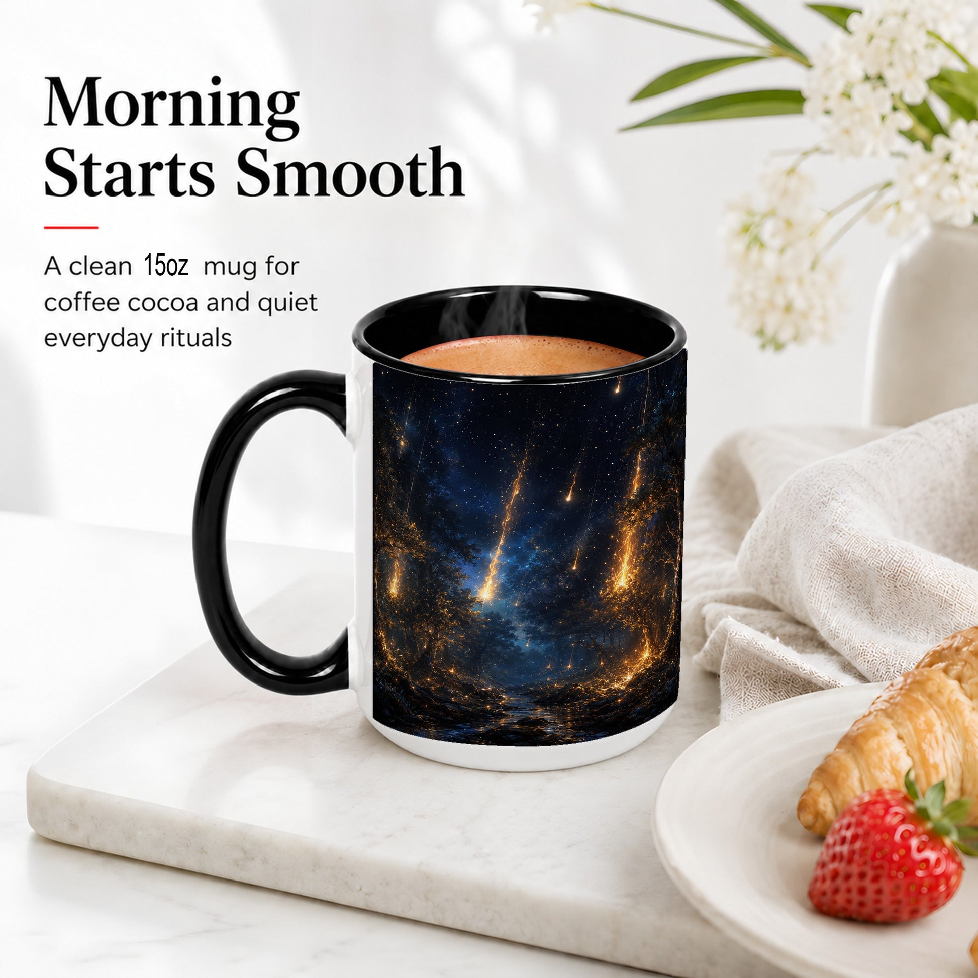 #pl[15oz|Black] Meteor Shower Forest Ceramic Mug, Celestial Night Art