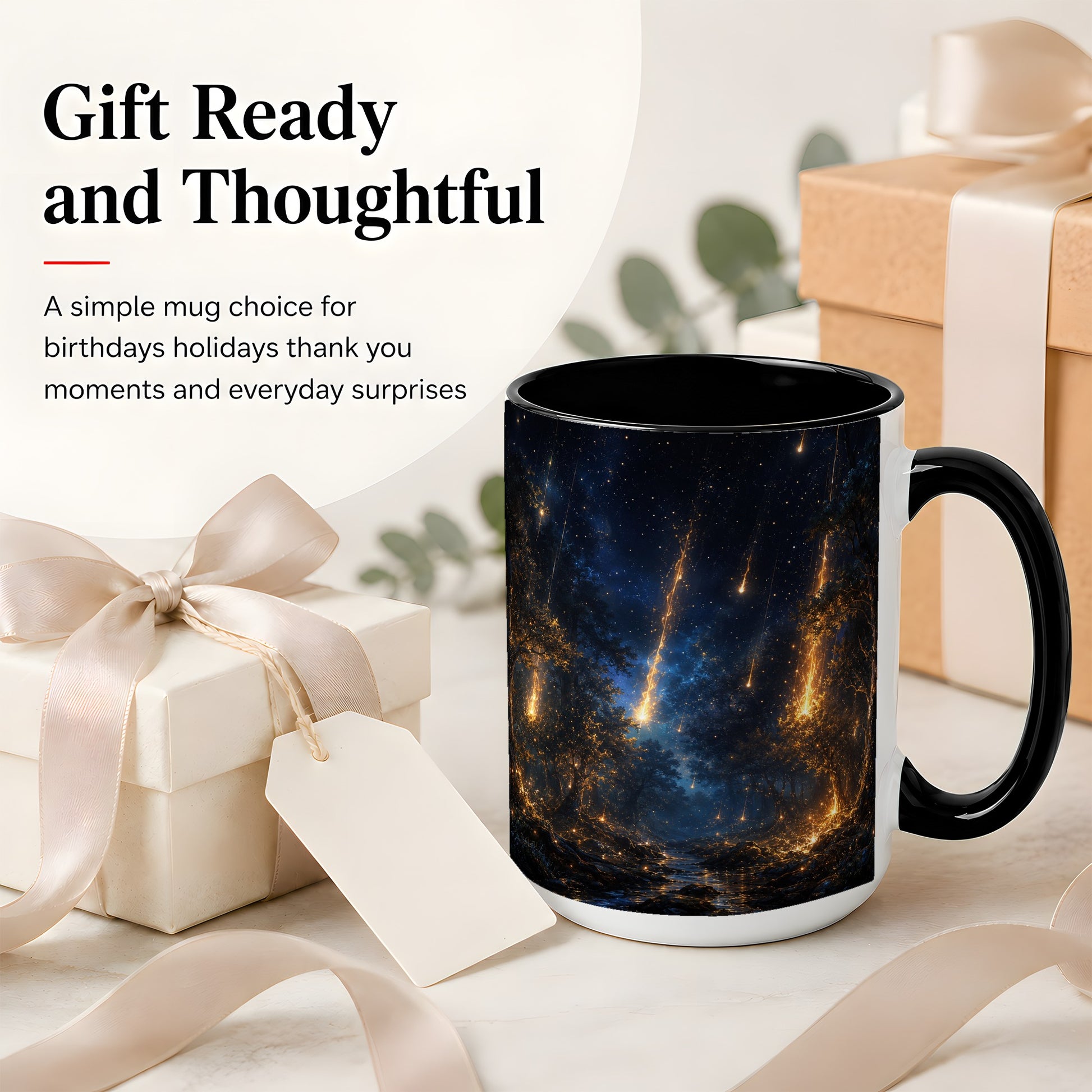 #pl[15oz|Black] Meteor Shower Forest Ceramic Mug, Celestial Night Art