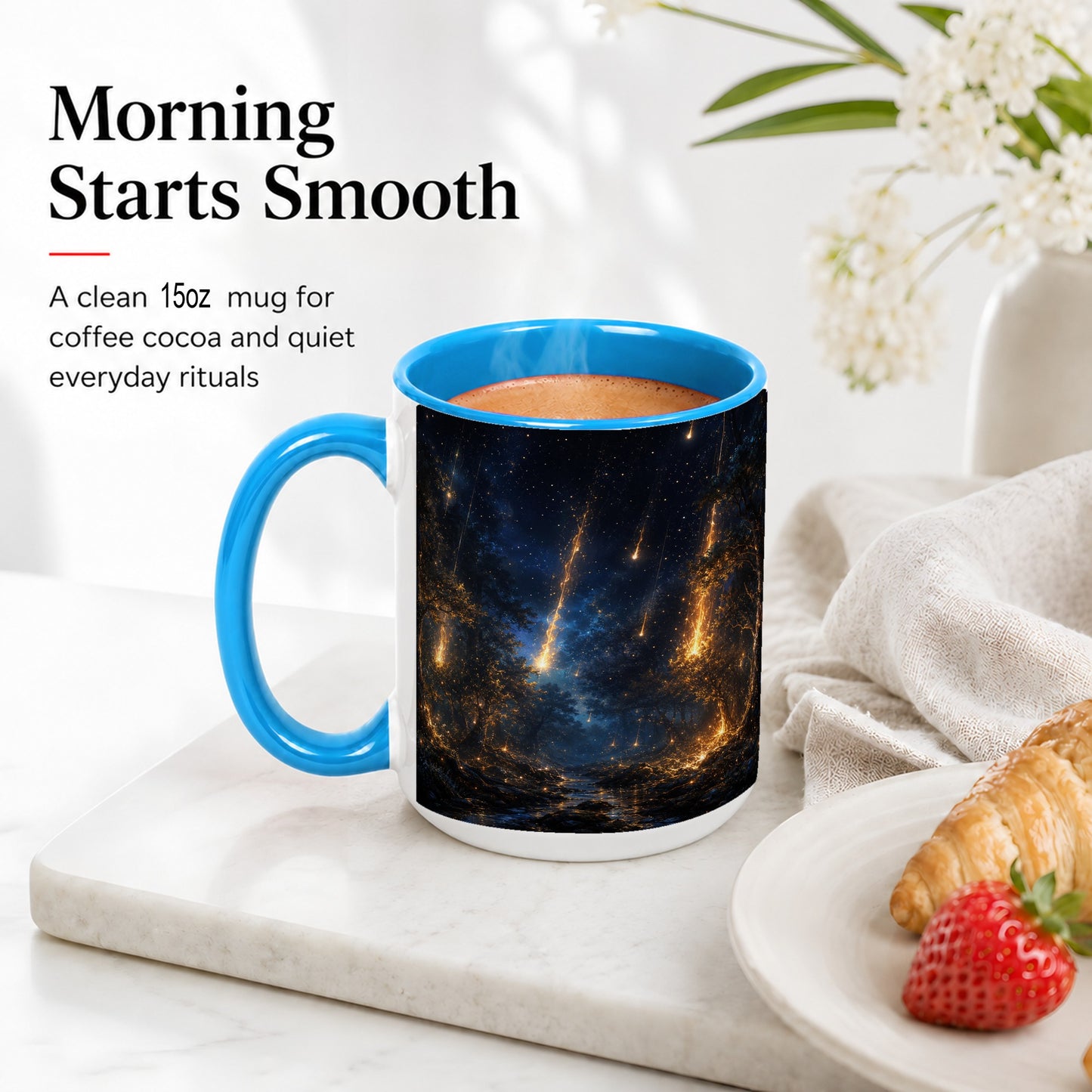 #pl[15oz|Blue] Meteor Shower Forest Ceramic Mug, Celestial Night Art