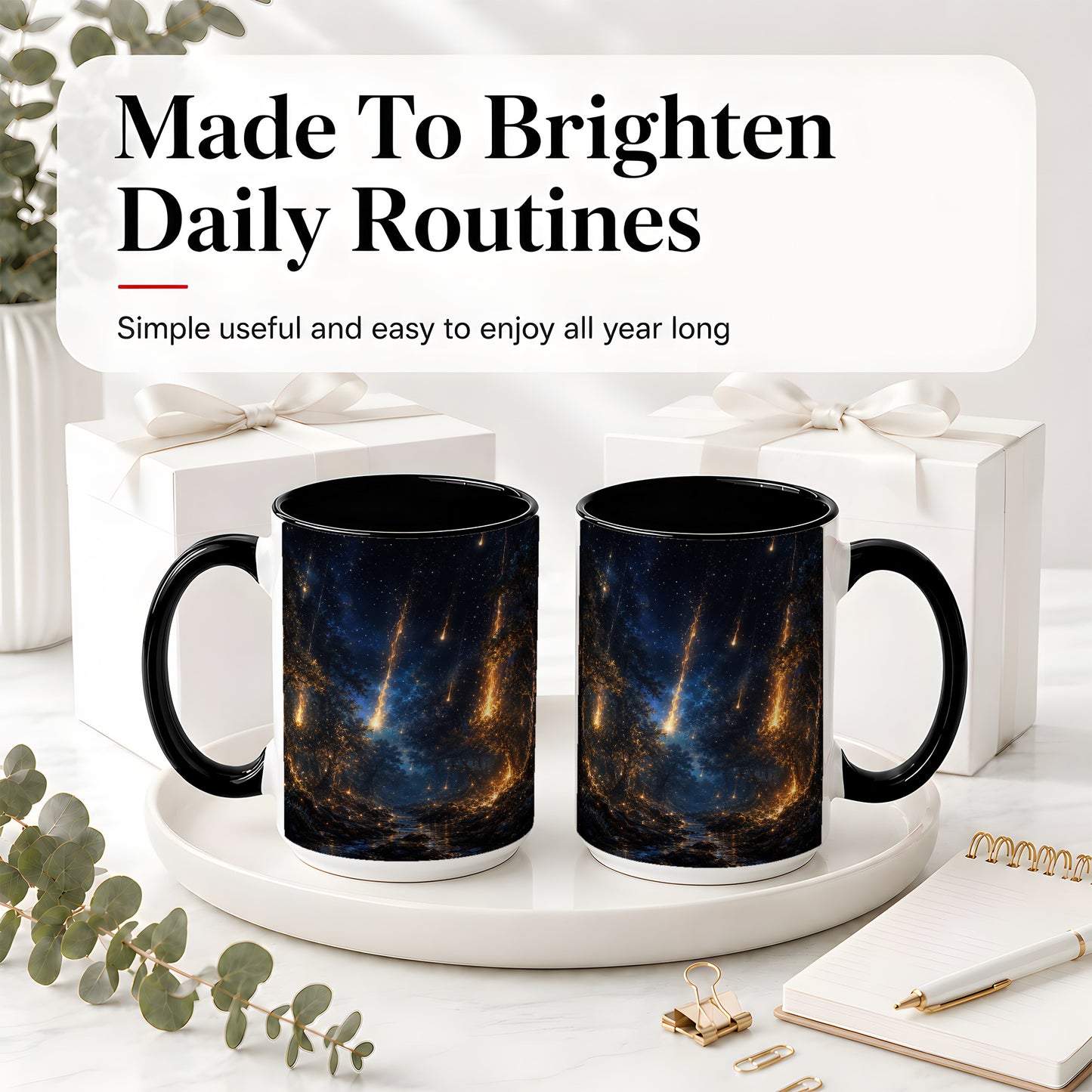 #pl[15oz|Black] Meteor Shower Forest Ceramic Mug, Celestial Night Art