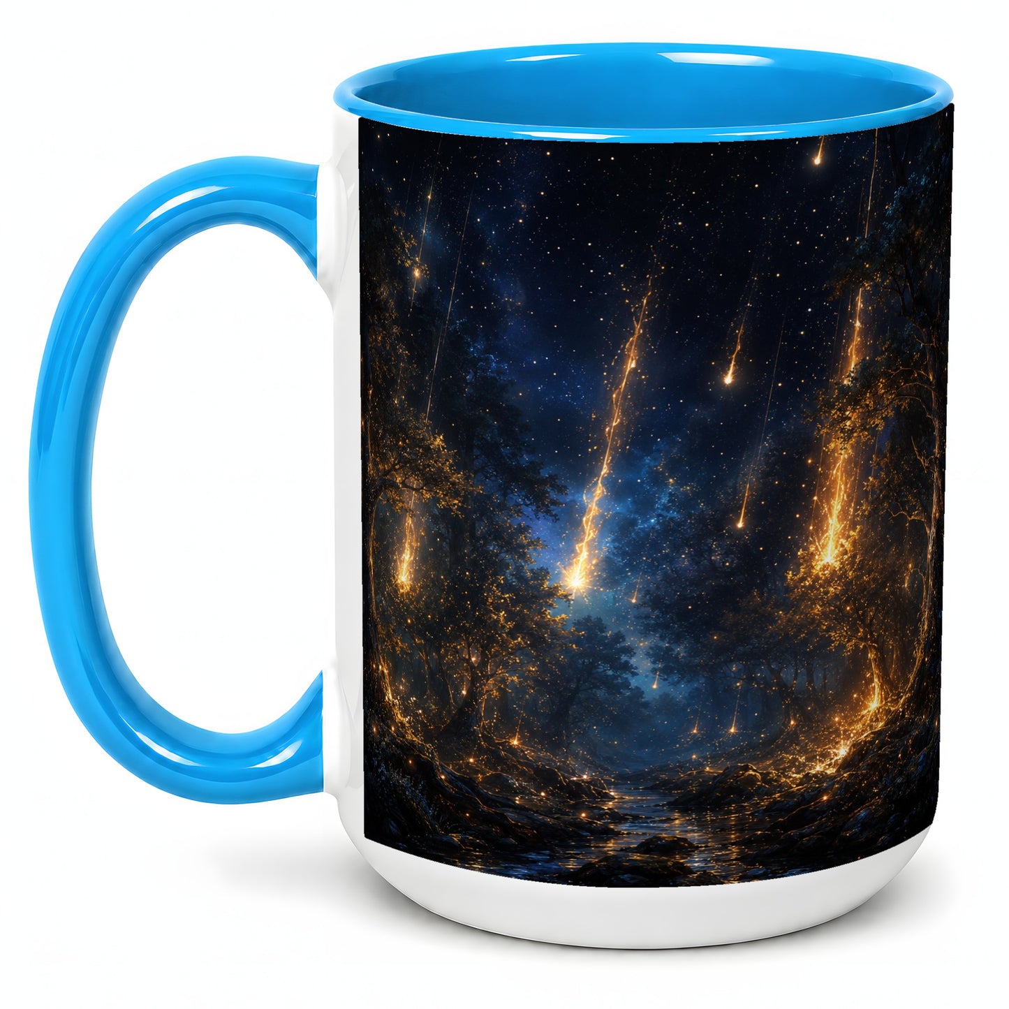#pl[15oz|Blue] Meteor Shower Forest Ceramic Mug, Celestial Night Art