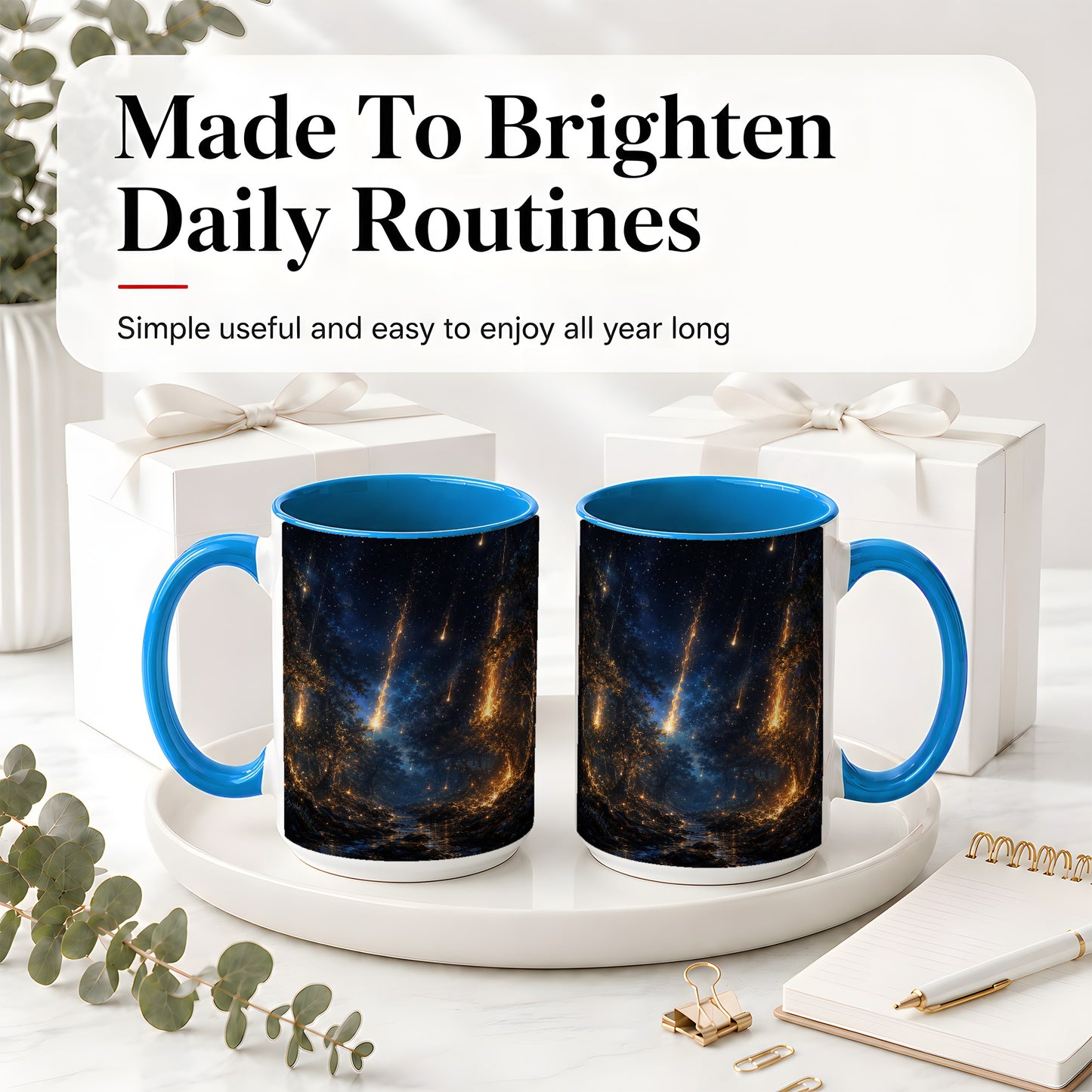 #pl[15oz|Blue] Meteor Shower Forest Ceramic Mug, Celestial Night Art