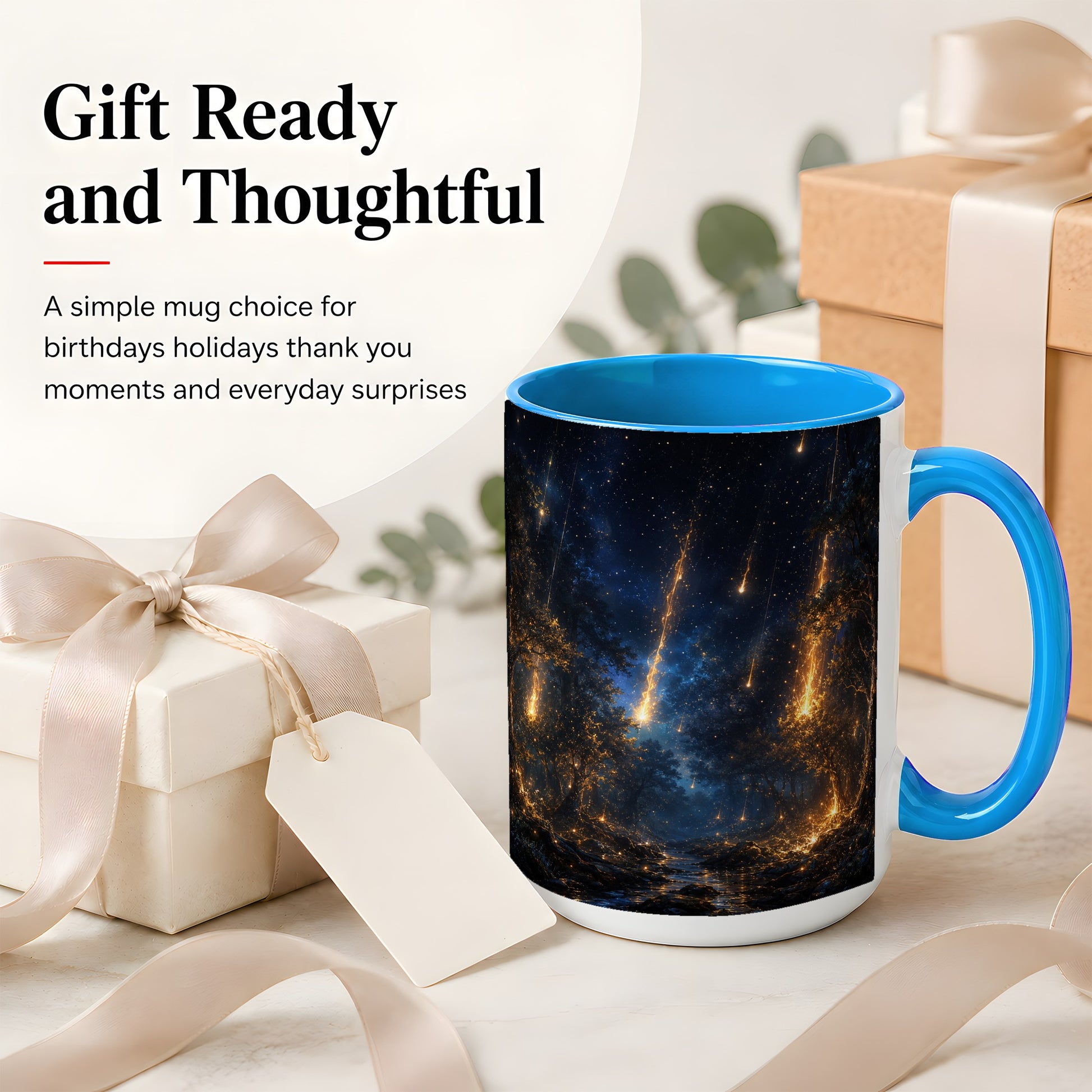 #pl[15oz|Blue] Meteor Shower Forest Ceramic Mug, Celestial Night Art