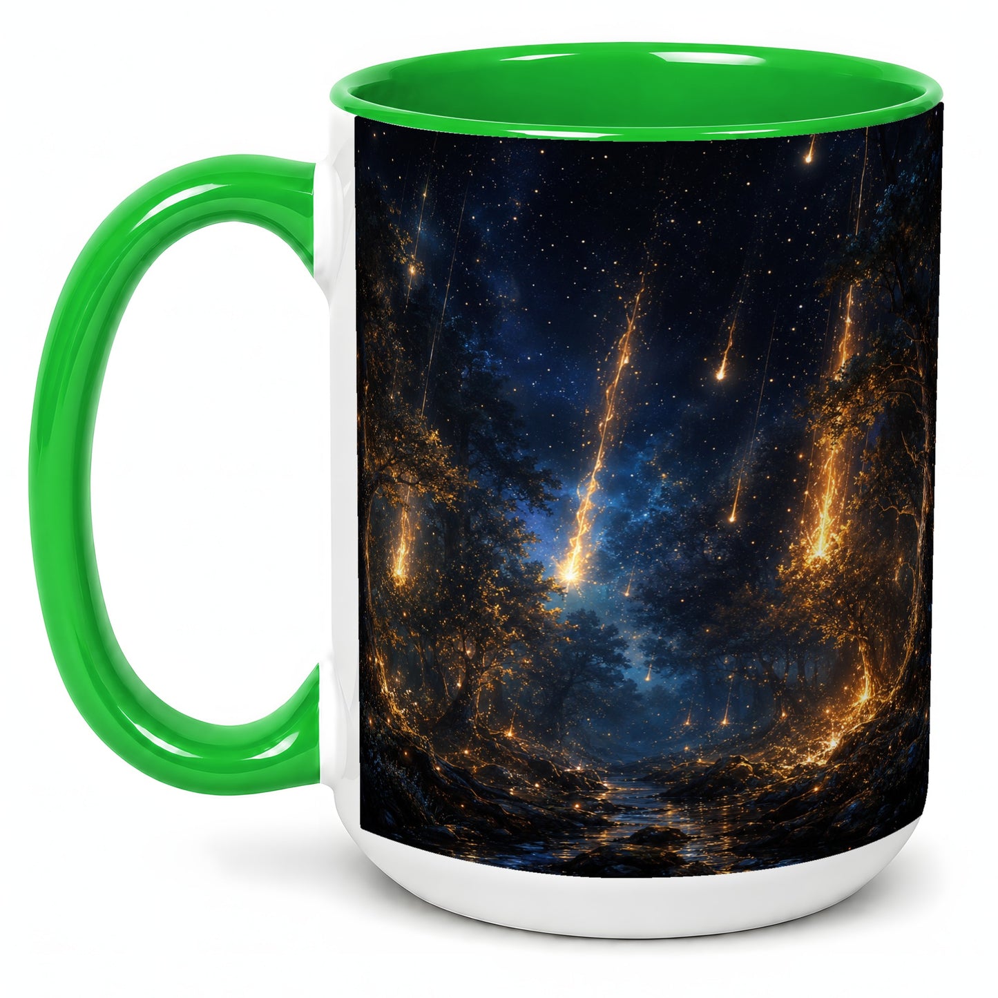 #pl[15oz|Green] Meteor Shower Forest Ceramic Mug, Celestial Night Art