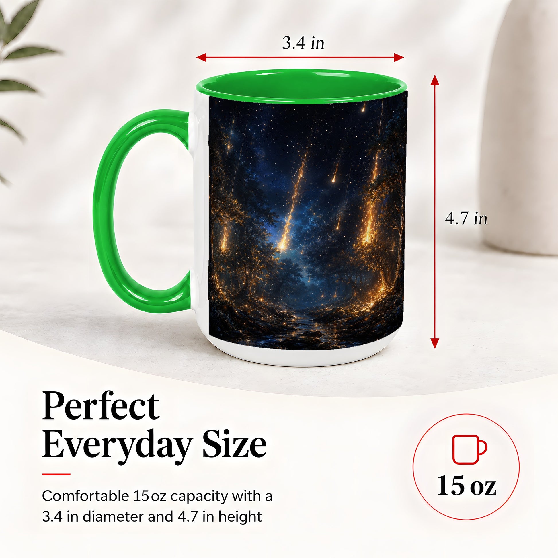 #pl[15oz|Green] Meteor Shower Forest Ceramic Mug, Celestial Night Art