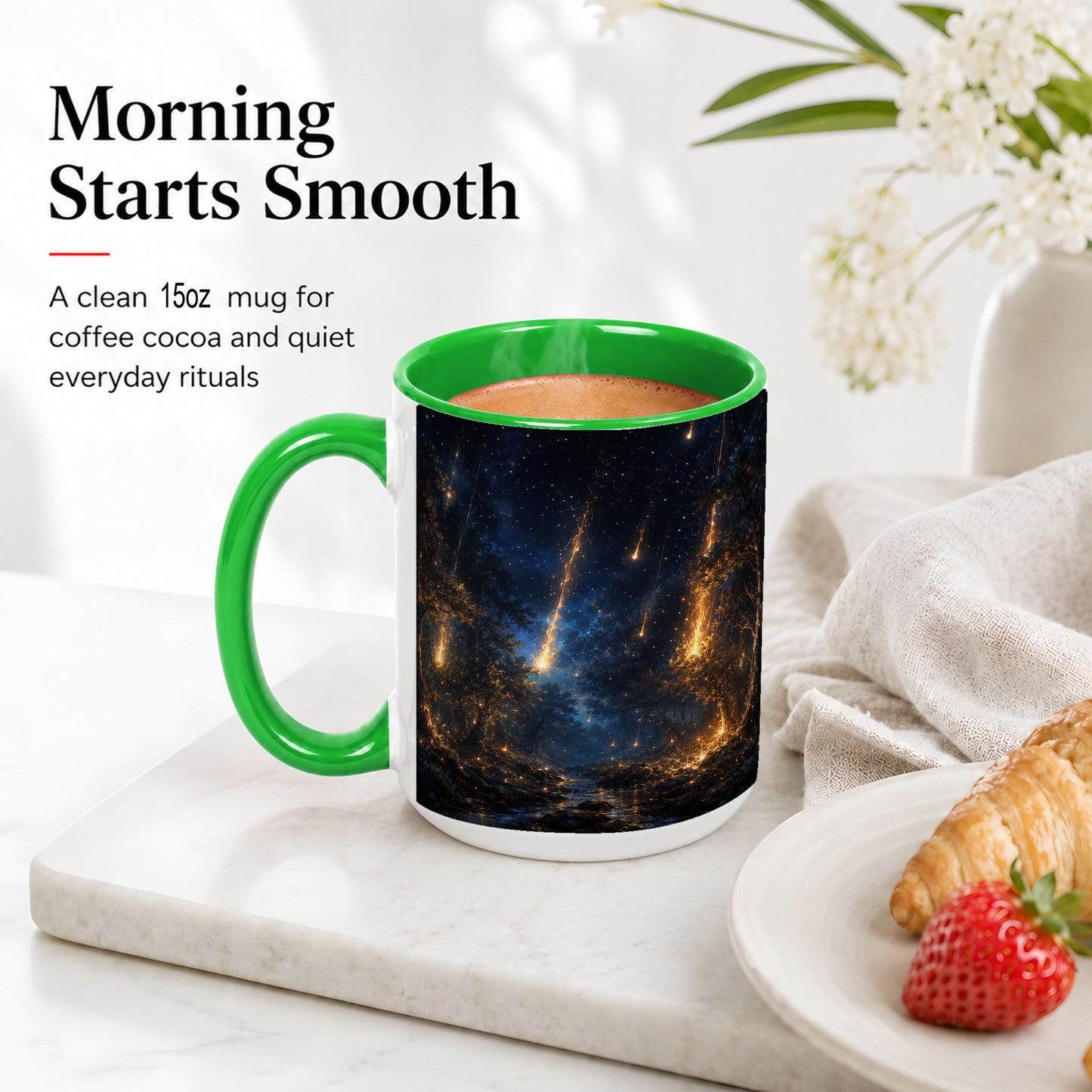 #pl[15oz|Green] Meteor Shower Forest Ceramic Mug, Celestial Night Art