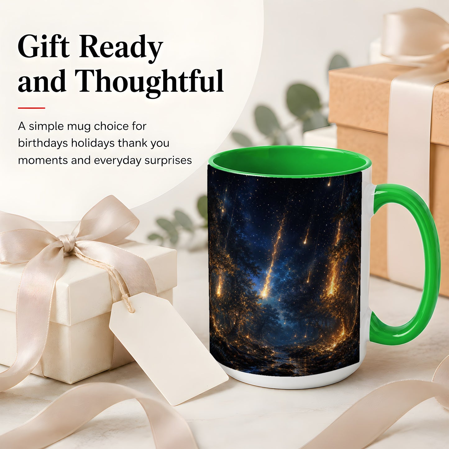 #pl[15oz|Green] Meteor Shower Forest Ceramic Mug, Celestial Night Art