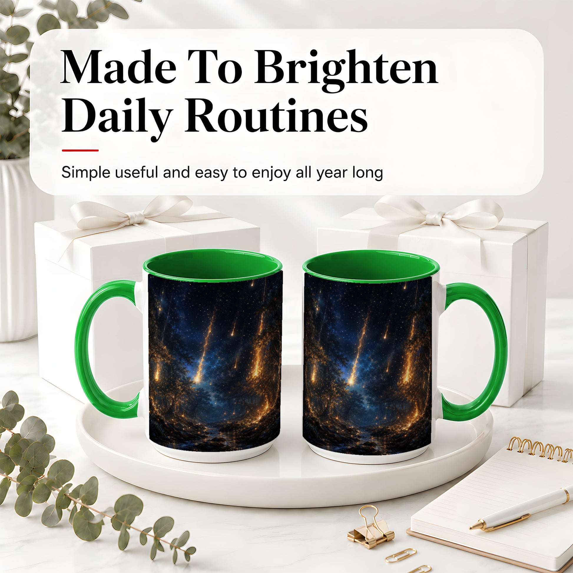 #pl[15oz|Green] Meteor Shower Forest Ceramic Mug, Celestial Night Art
