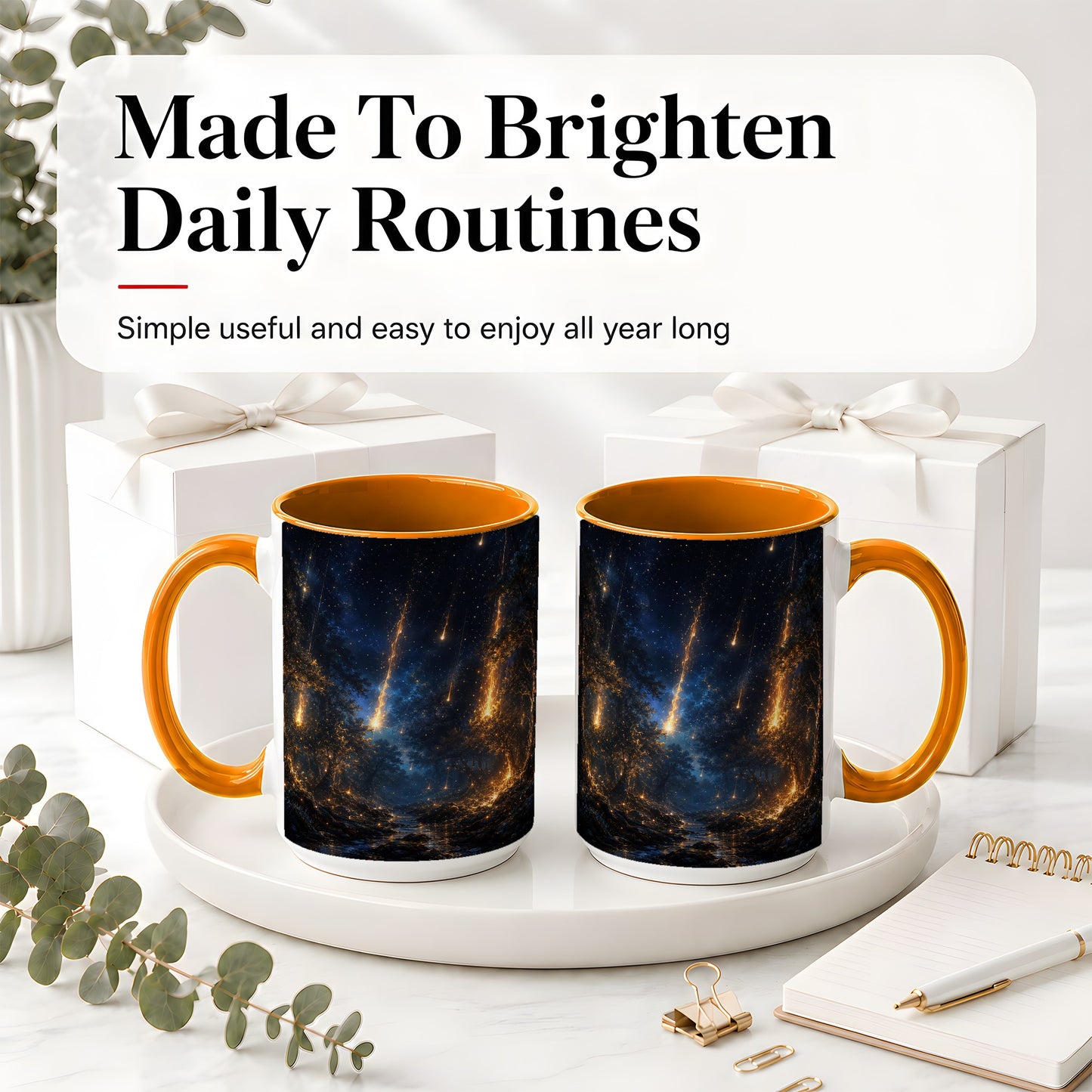 #pl[15oz|Orange] Meteor Shower Forest Ceramic Mug, Celestial Night Art