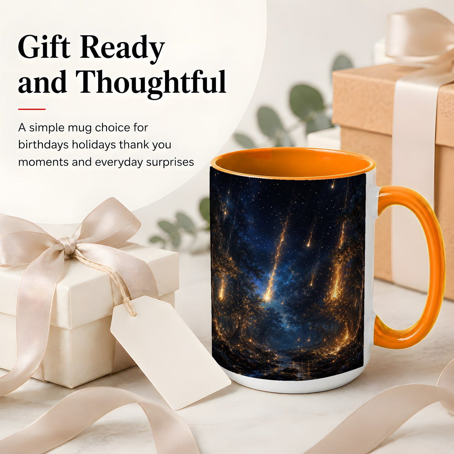 #pl[15oz|Orange] Meteor Shower Forest Ceramic Mug, Celestial Night Art