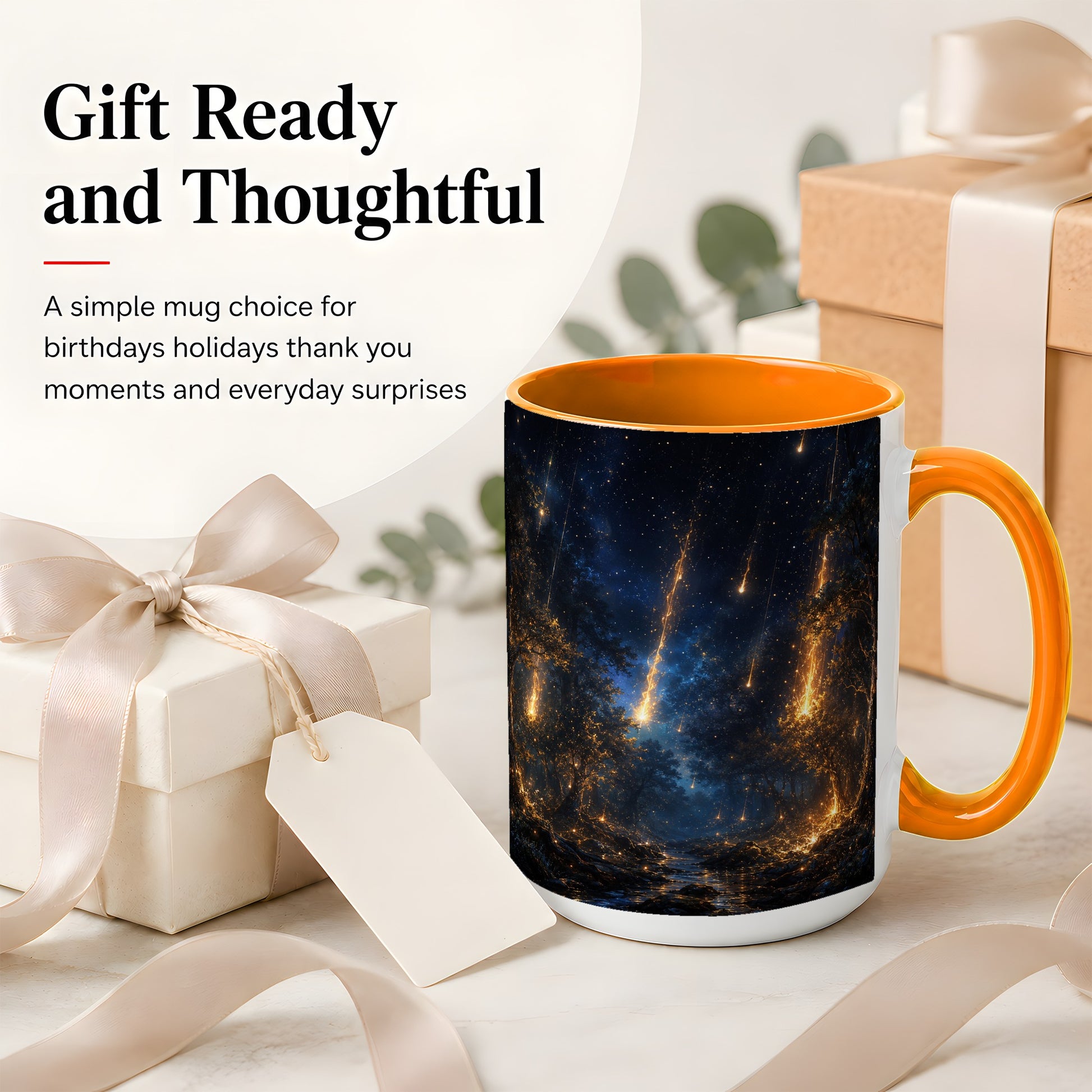 #pl[15oz|Orange] Meteor Shower Forest Ceramic Mug, Celestial Night Art