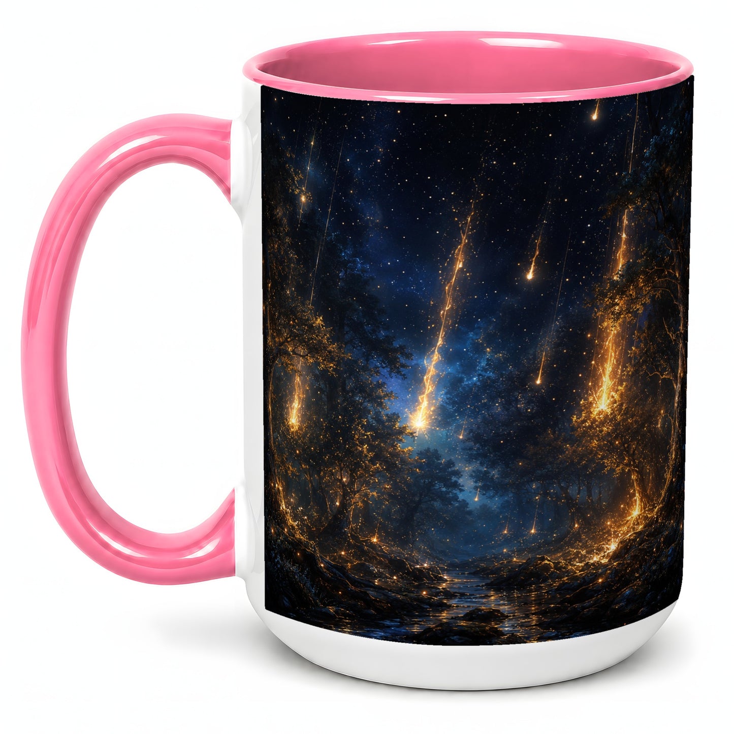 #pl[15oz|Pink] Meteor Shower Forest Ceramic Mug, Celestial Night Art