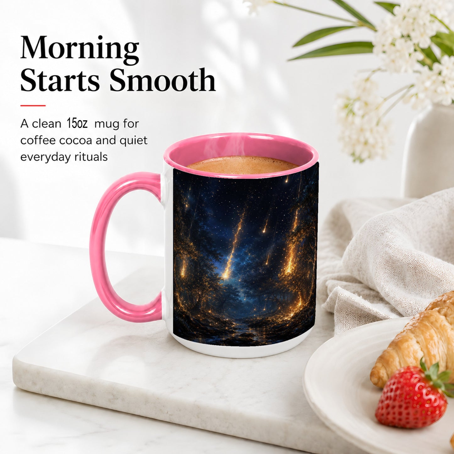 #pl[15oz|Pink] Meteor Shower Forest Ceramic Mug, Celestial Night Art