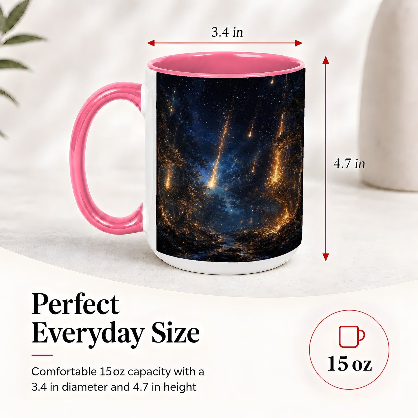 #pl[15oz|Pink] Meteor Shower Forest Ceramic Mug, Celestial Night Art