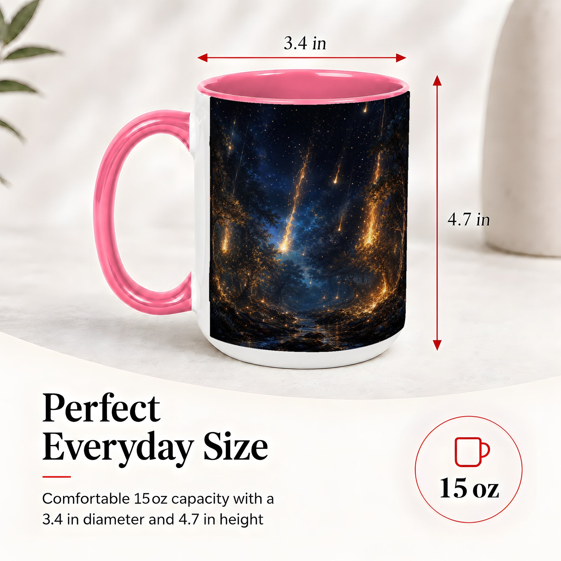 #pl[15oz|Pink] Meteor Shower Forest Ceramic Mug, Celestial Night Art