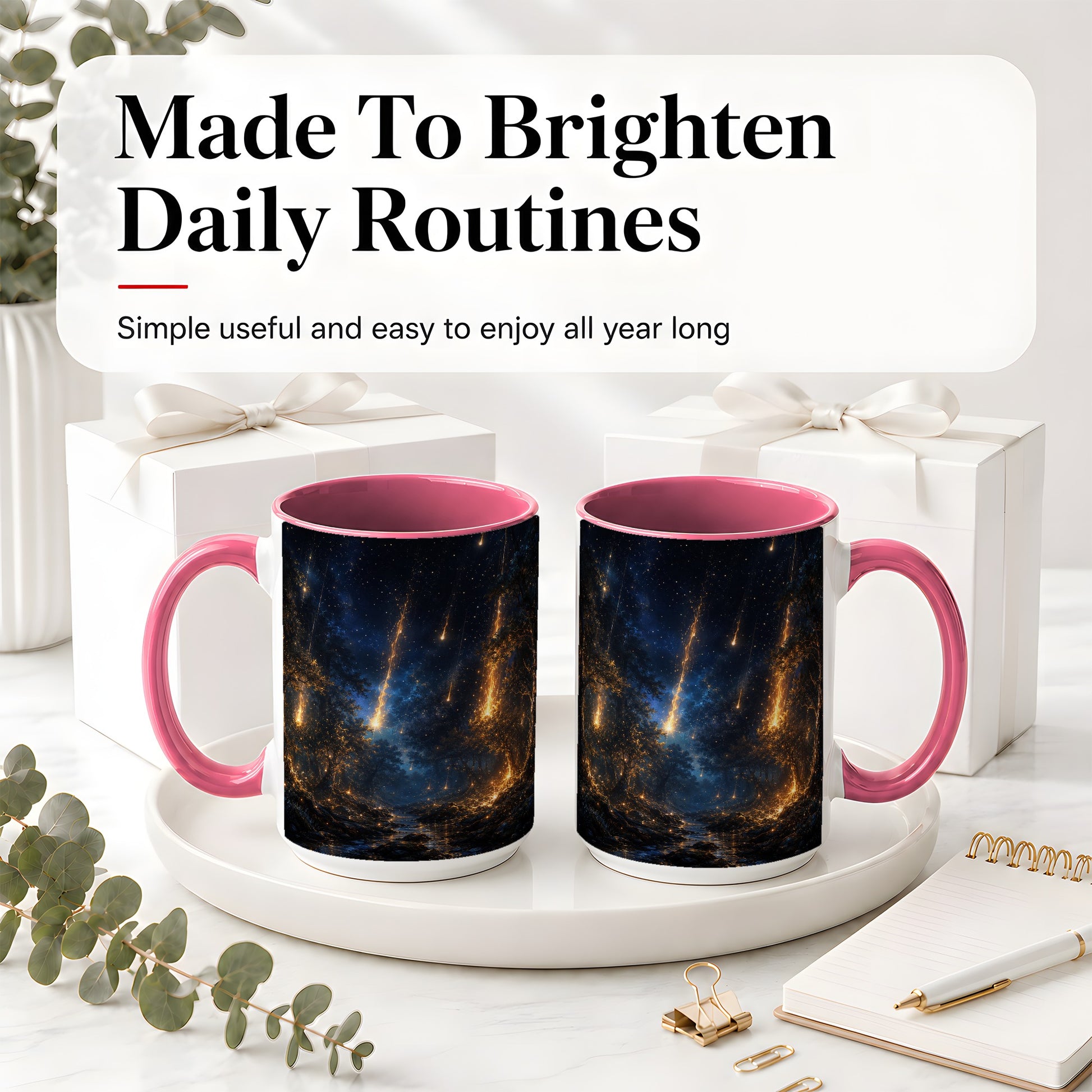 #pl[15oz|Pink] Meteor Shower Forest Ceramic Mug, Celestial Night Art