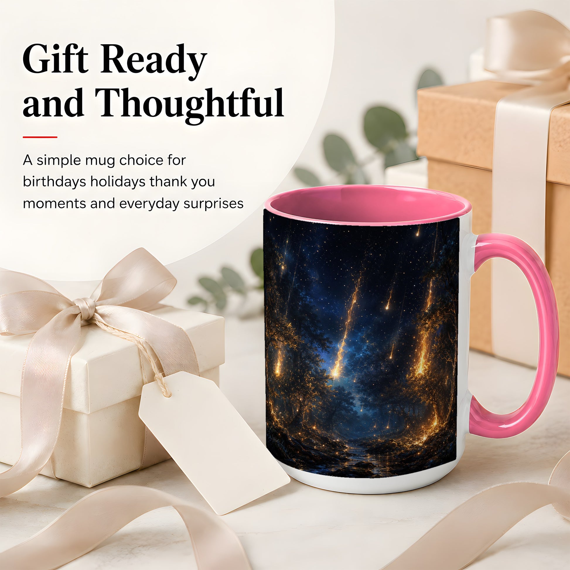 #pl[15oz|Pink] Meteor Shower Forest Ceramic Mug, Celestial Night Art