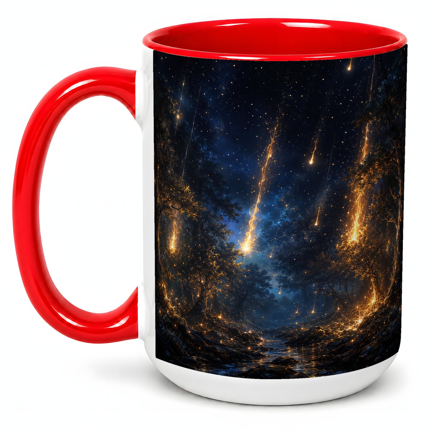 #pl[15oz|Red] Meteor Shower Forest Ceramic Mug, Celestial Night Art