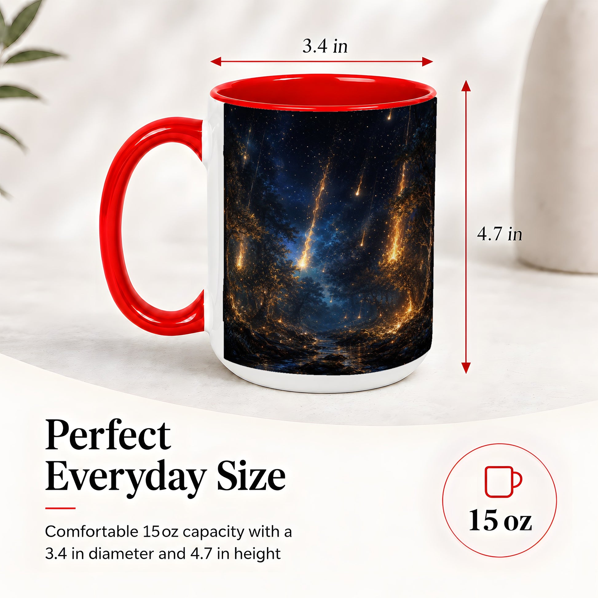 #pl[15oz|Red] Meteor Shower Forest Ceramic Mug, Celestial Night Art