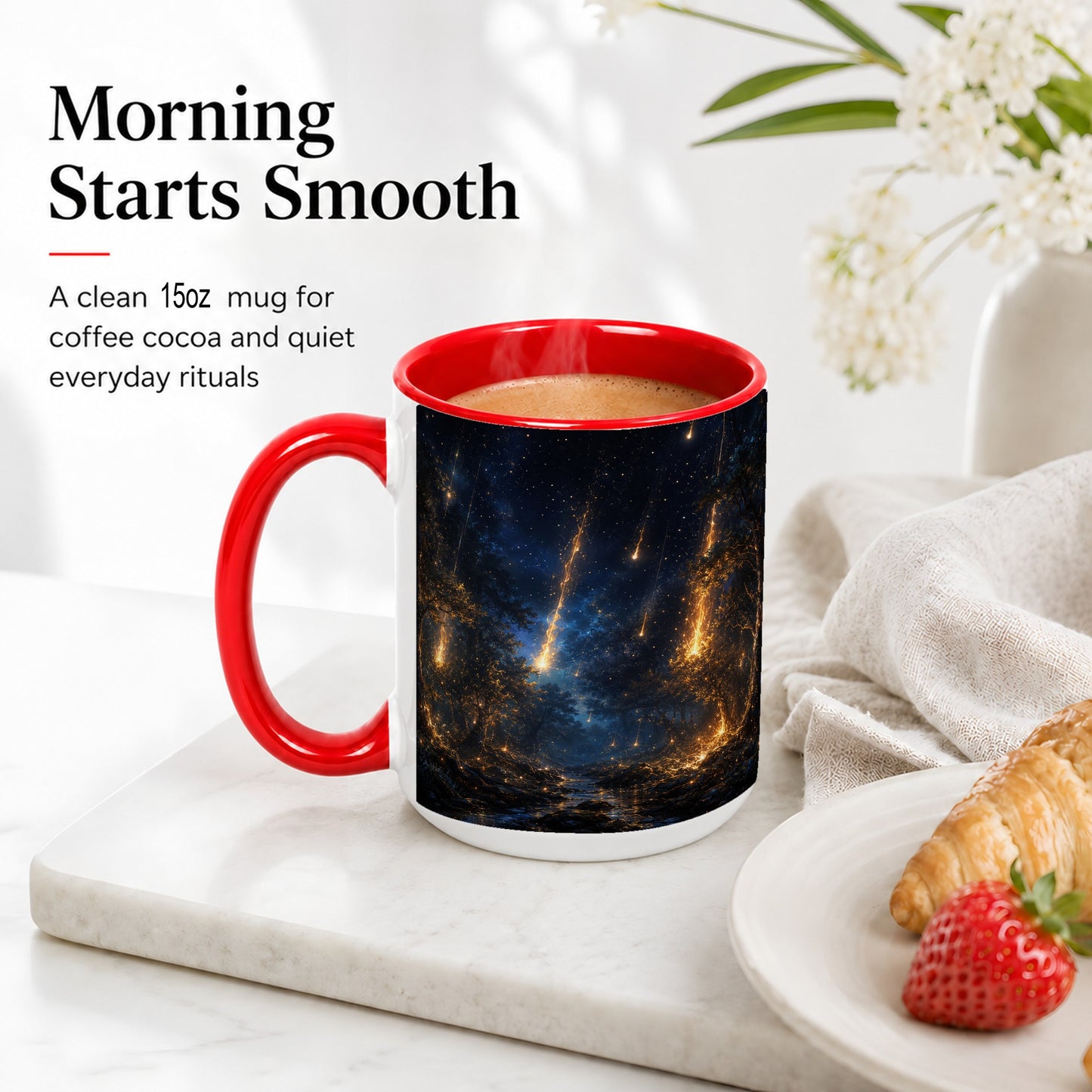 #pl[15oz|Red] Meteor Shower Forest Ceramic Mug, Celestial Night Art